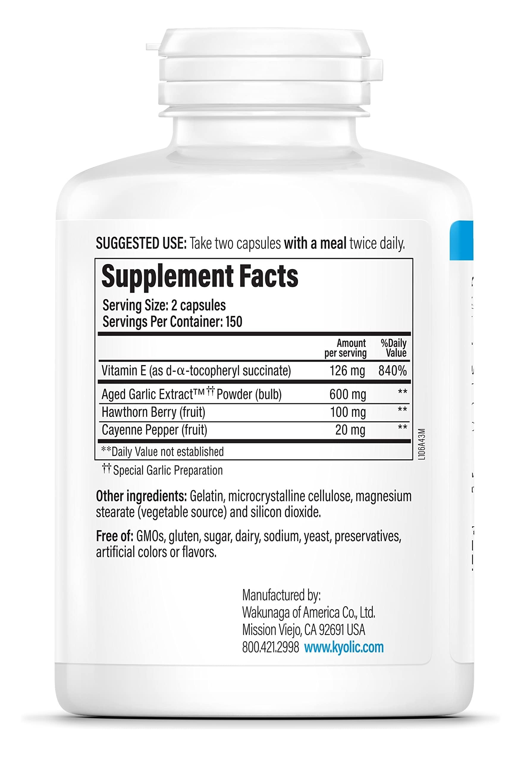 Kyolic Aged Garlic Extract Circulation Formula 106 side view showing ingredients