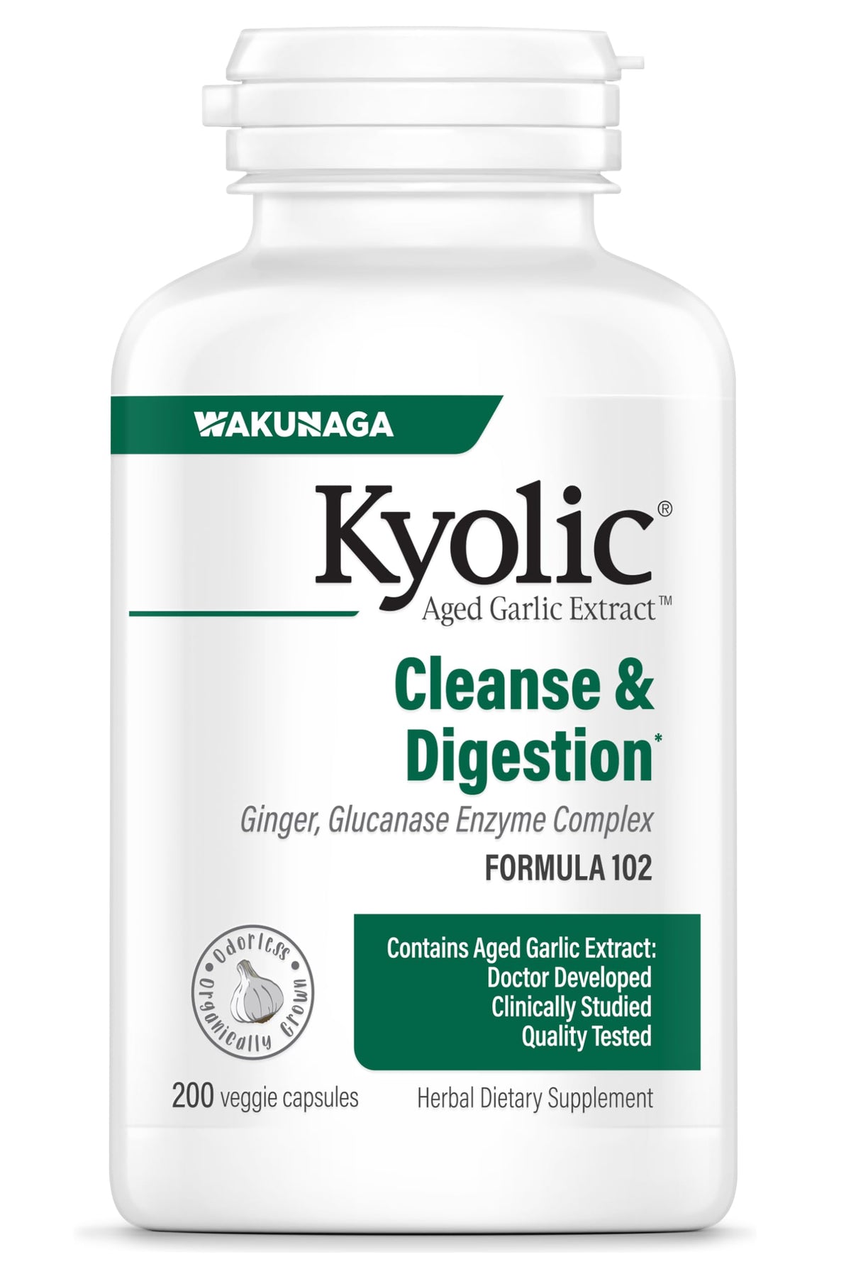 Kyolic Aged Garlic Extract Cleanse and daily 200 Vegetarian Capsules front view