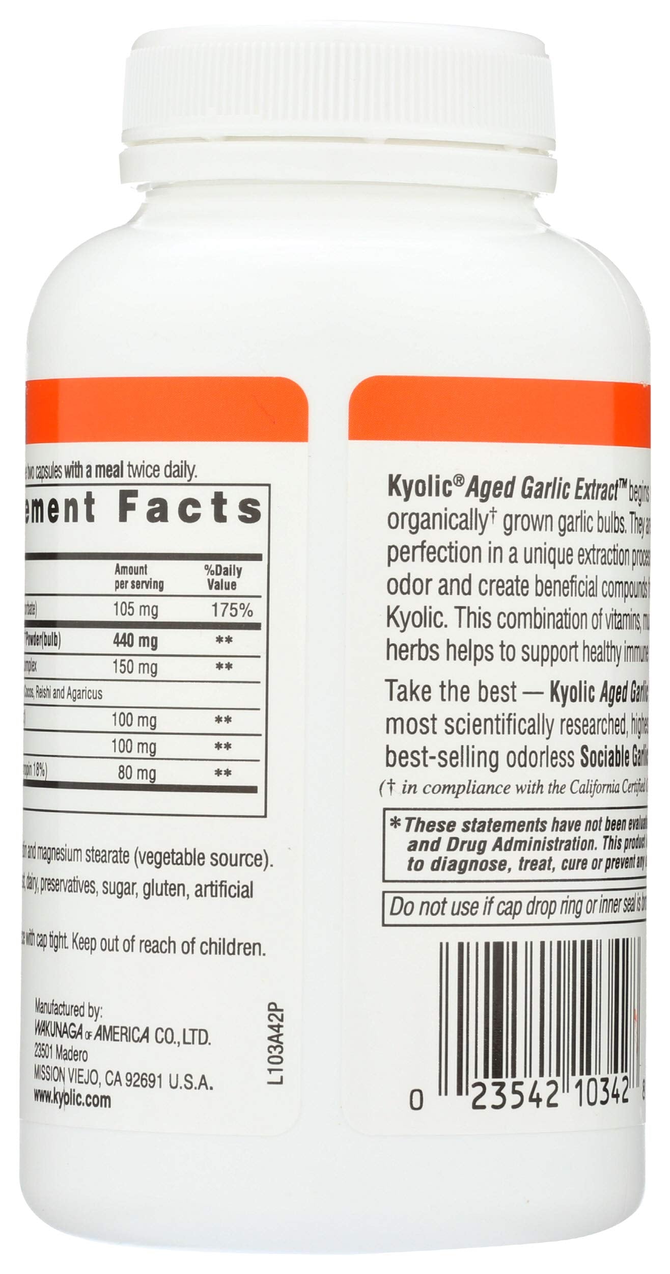 Kyolic Aged Garlic Extract daily wellness Formula 150g packaging side view