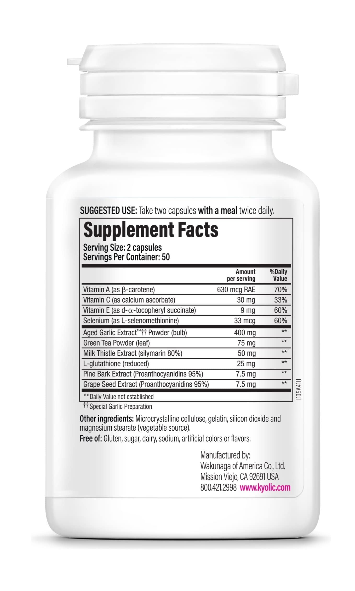Kyolic Aged Garlic Extract Formula 105 capsules in a clear container