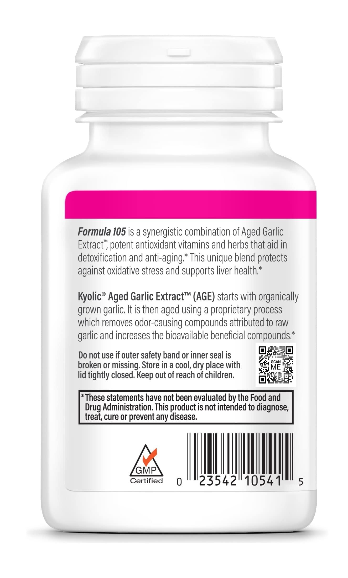 Kyolic Aged Garlic Extract Formula 105 ingredients list on packaging