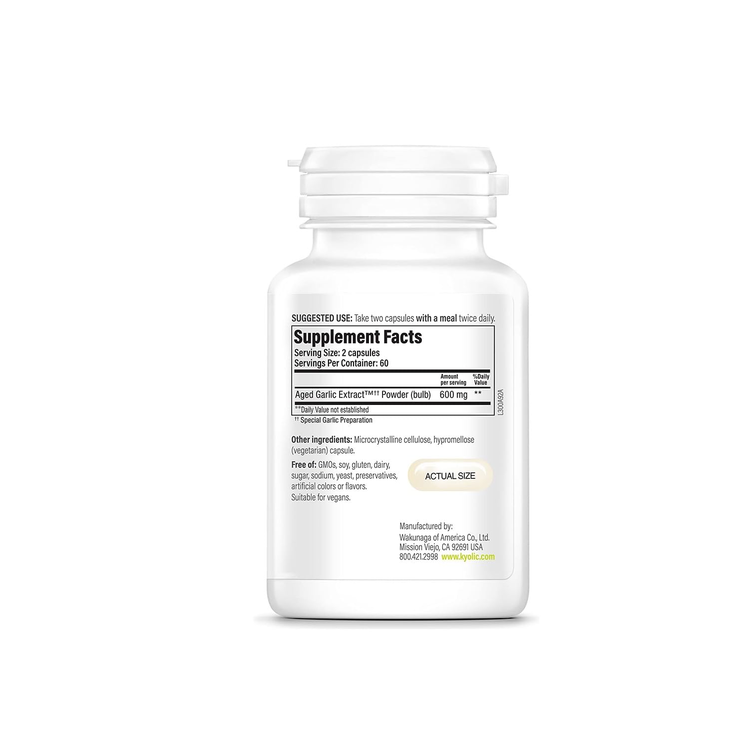 Kyolic Aged Garlic Extract Formula 300 bottle side view