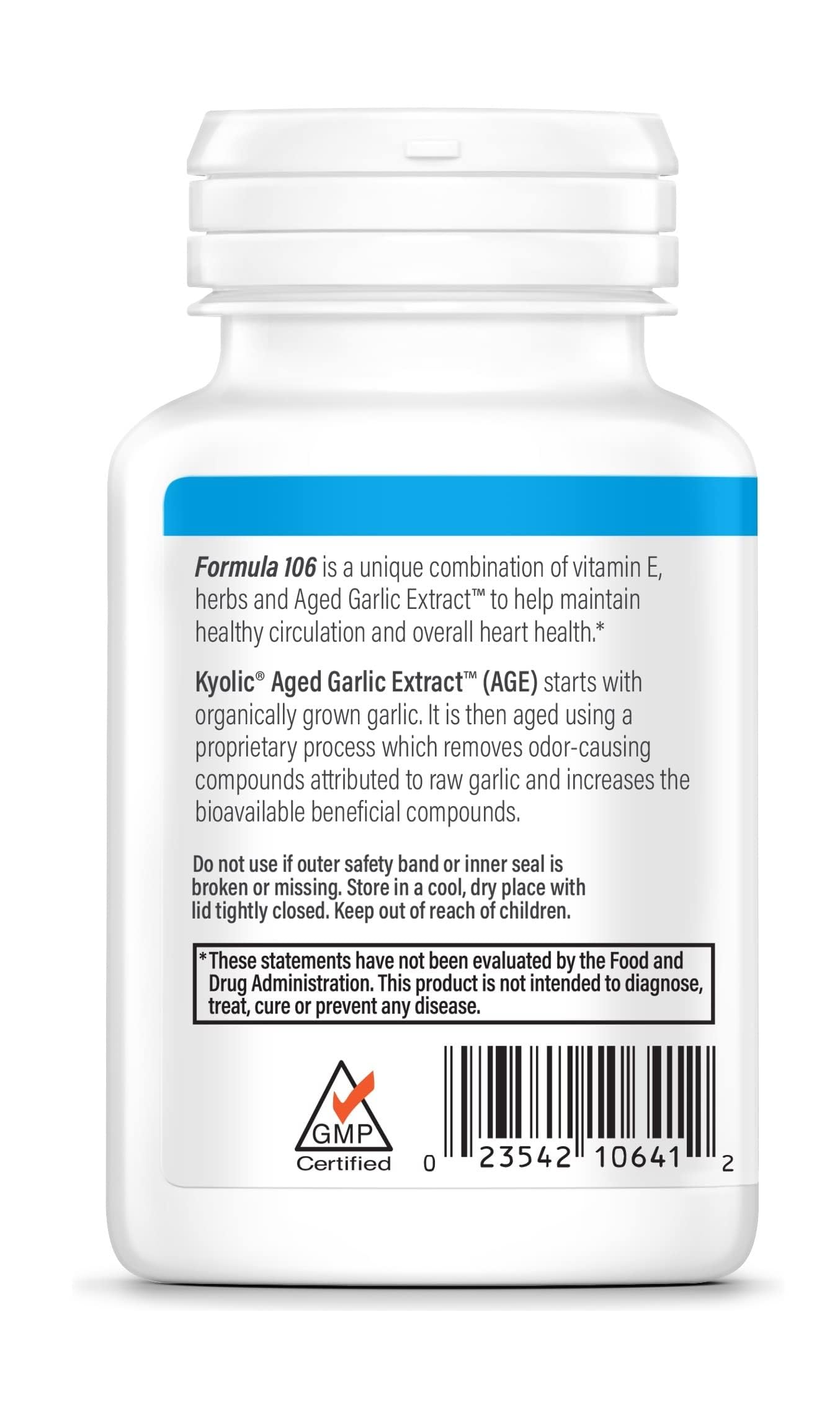 Kyolic Aged Garlic Extract Healthy Heart Formula 106 bottle on a wooden table