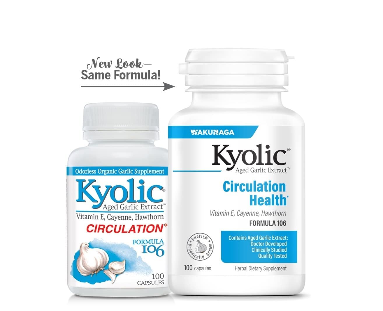 Kyolic Aged Garlic Extract Healthy Heart Formula 106 capsules displayed with garlic bulbs