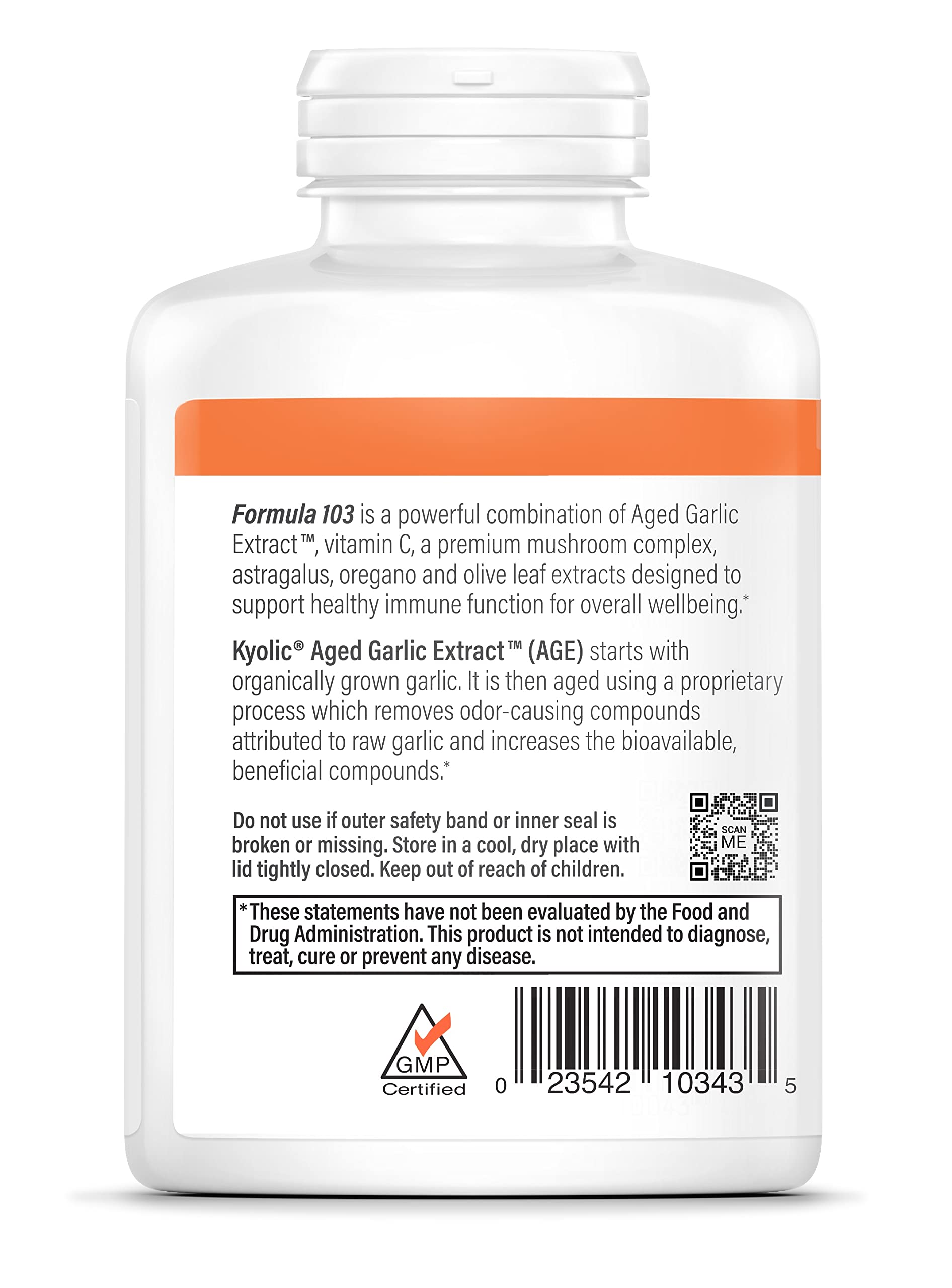 Kyolic daily wellness Support Formula 103 Aged Garlic Extract side view with label