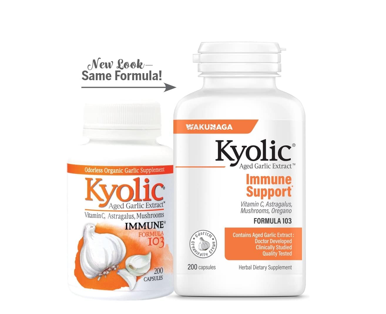 Kyolic Garlic Formula 103 daily wellness Formula 200 Capsules on a wooden table
