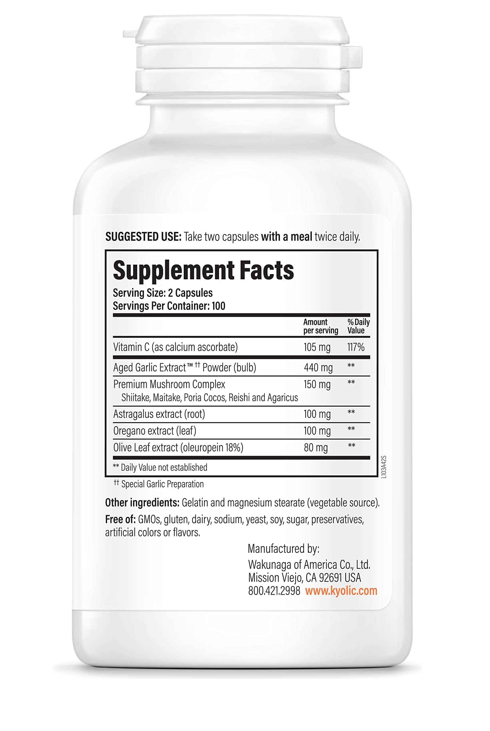 Kyolic Garlic Formula 103 daily wellness Formula 200 Capsules side view