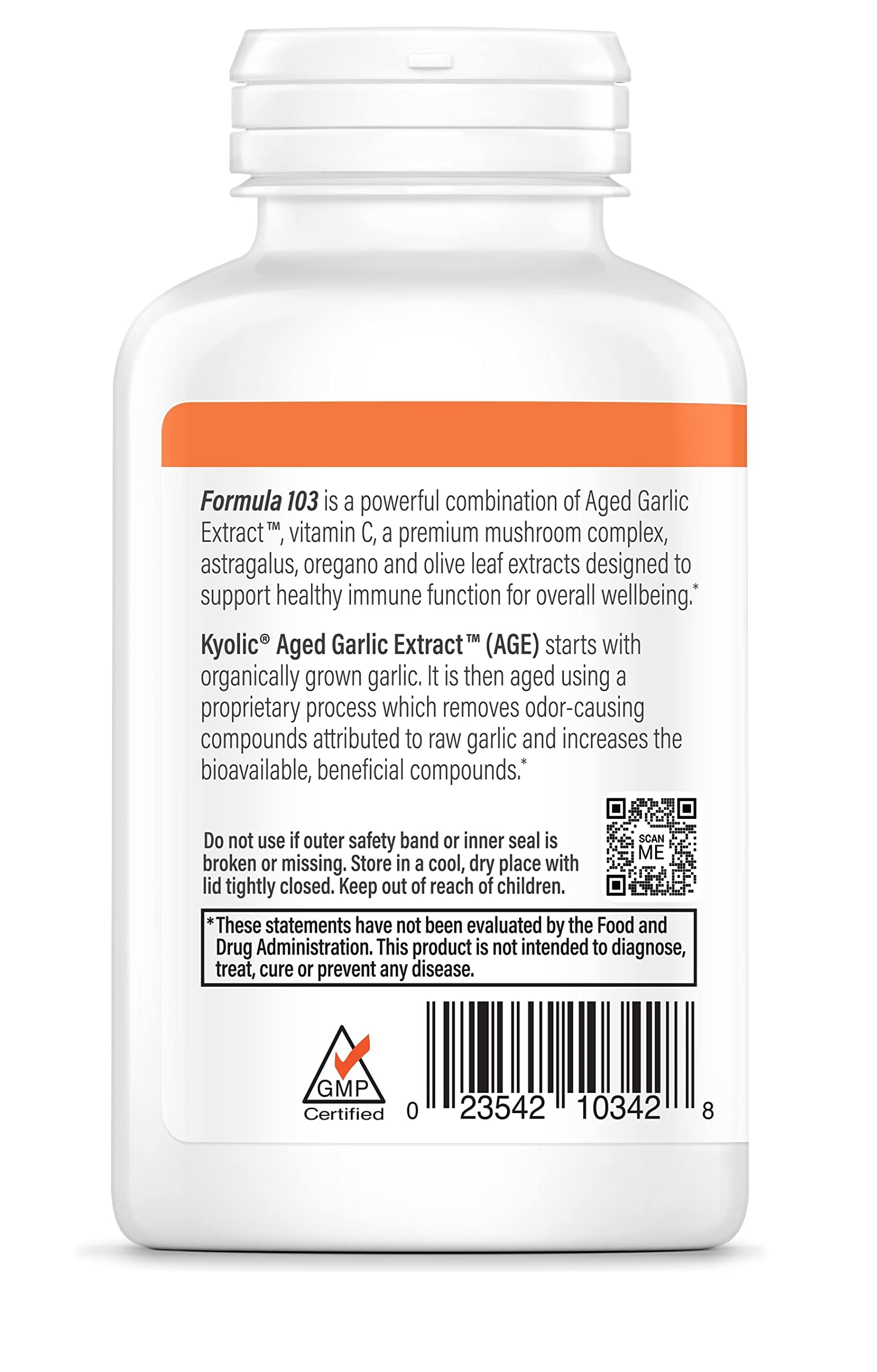 Kyolic Garlic Formula 103 daily wellness Formula 200 Capsules with ingredients list