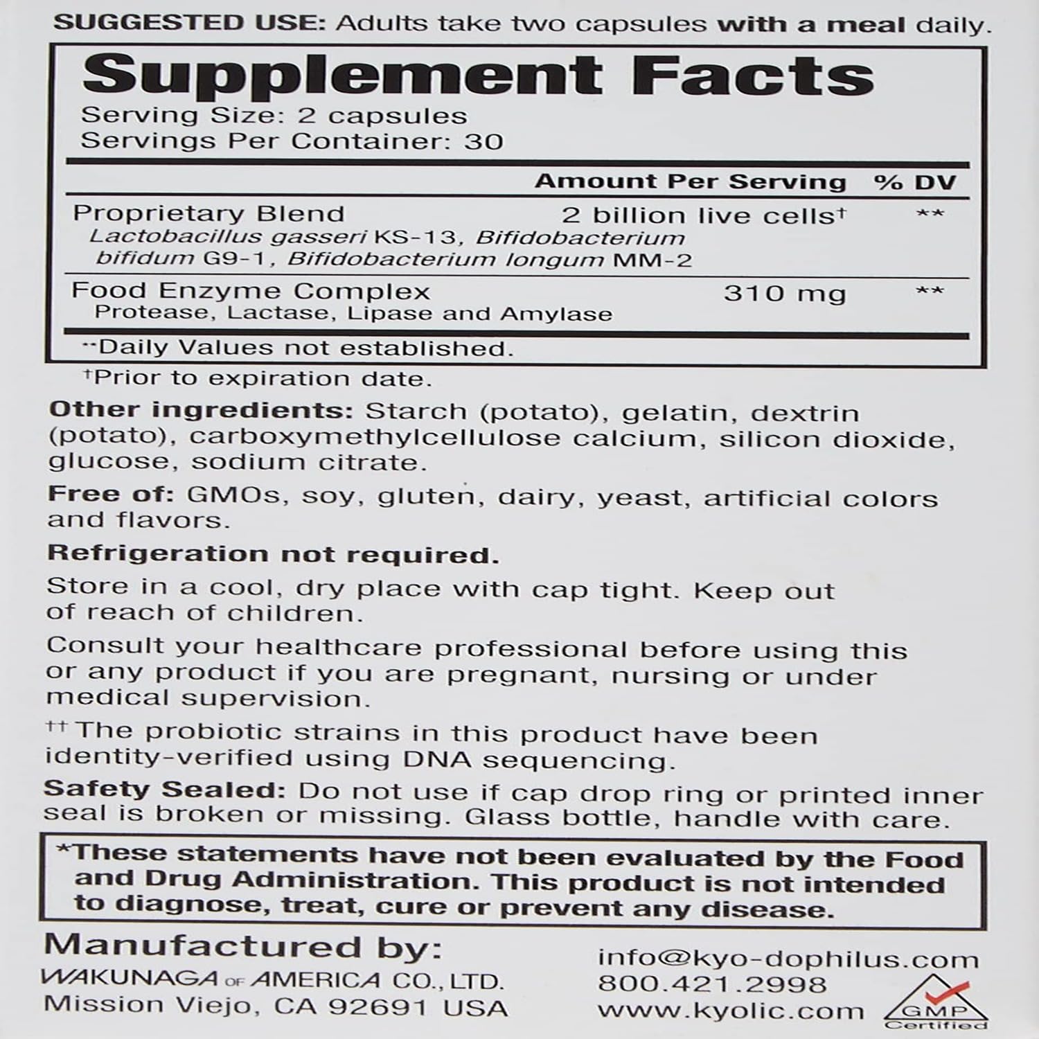 Kyolic Kyo-Dophilus Probiotic Plus Enzymes 60 Capsules back view