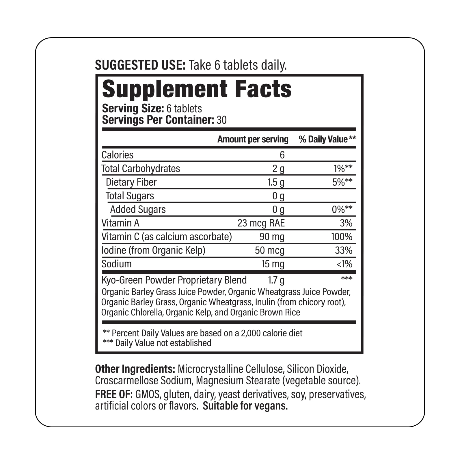 Kyolic Kyo-Green Greens Blend Tablets with a close-up of ingredients