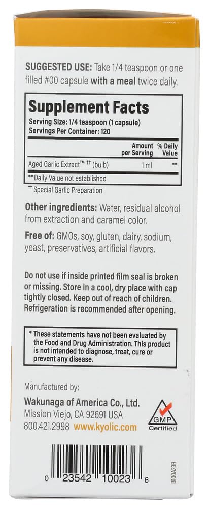 Kyolic Liquid Garlic Supplement on a wooden table