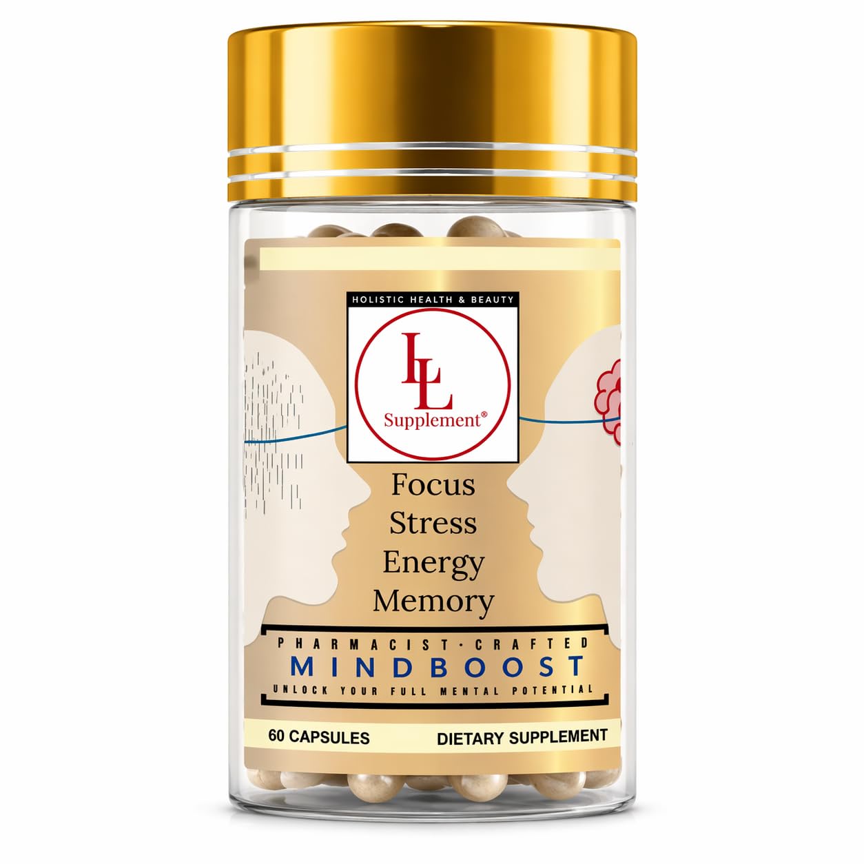 L & L Supplement MindBoost Lion’s Mane and Cistanche Capsules front view