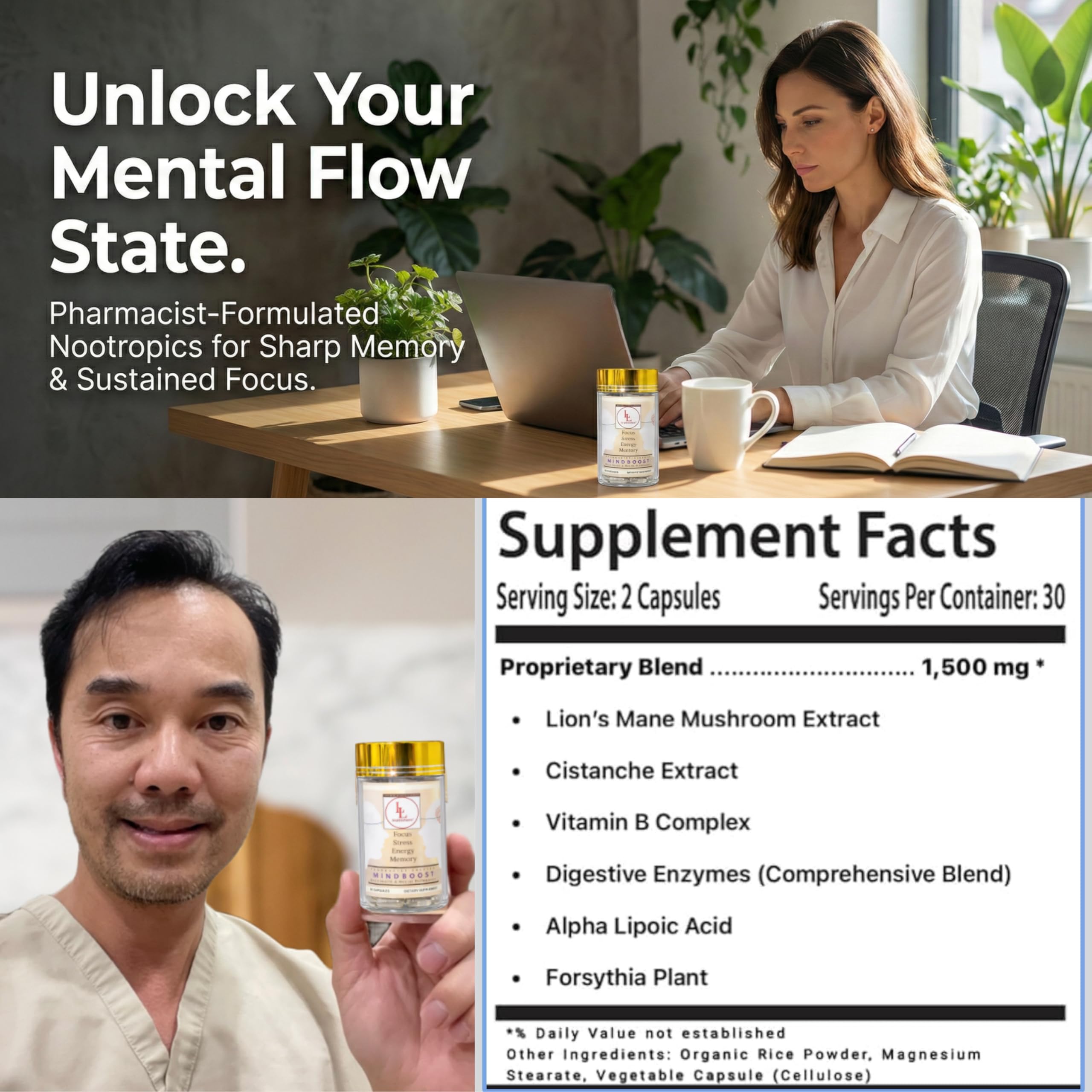 L & L Supplement MindBoost Lion’s Mane and Cistanche Capsules in hand