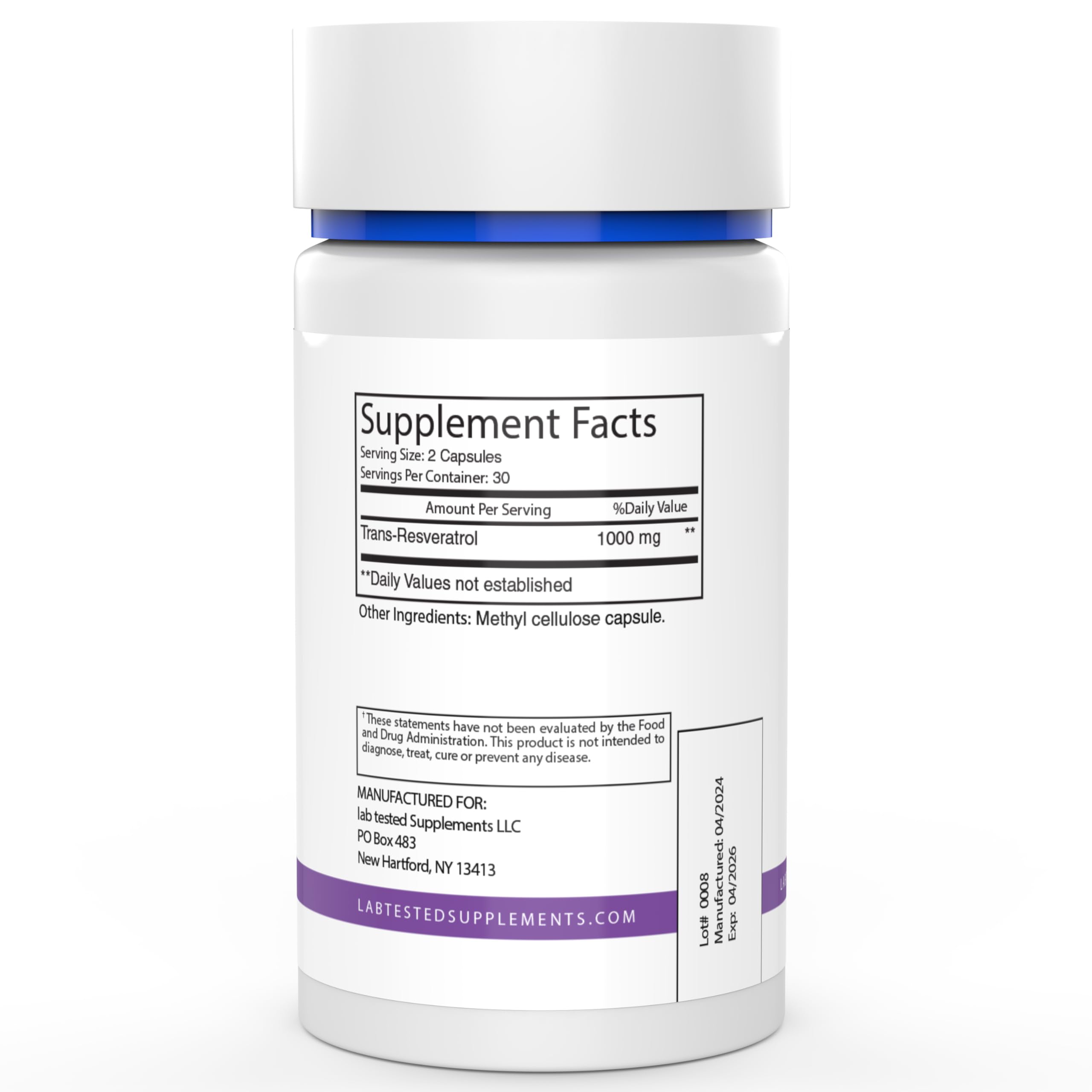 Lab Tested Supplements Resveratrol 68g bottle side view