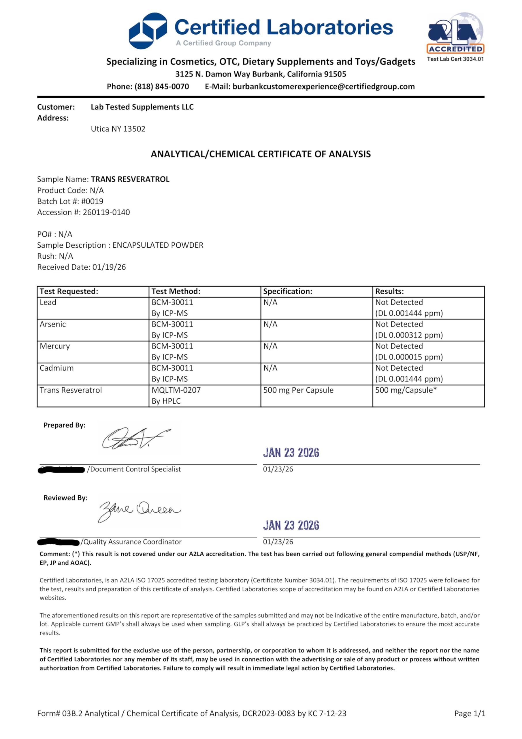 Lab Tested Supplements Resveratrol 68g packaging details