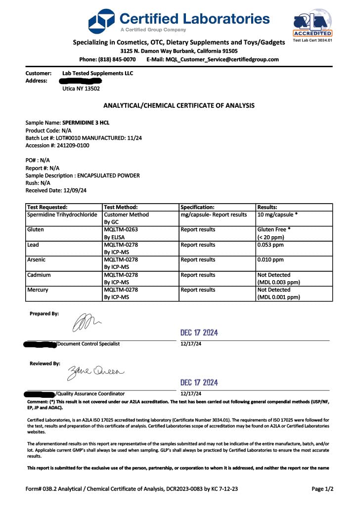 Lab Tested Supplements Spermidine 3HCL 80g on a wooden table
