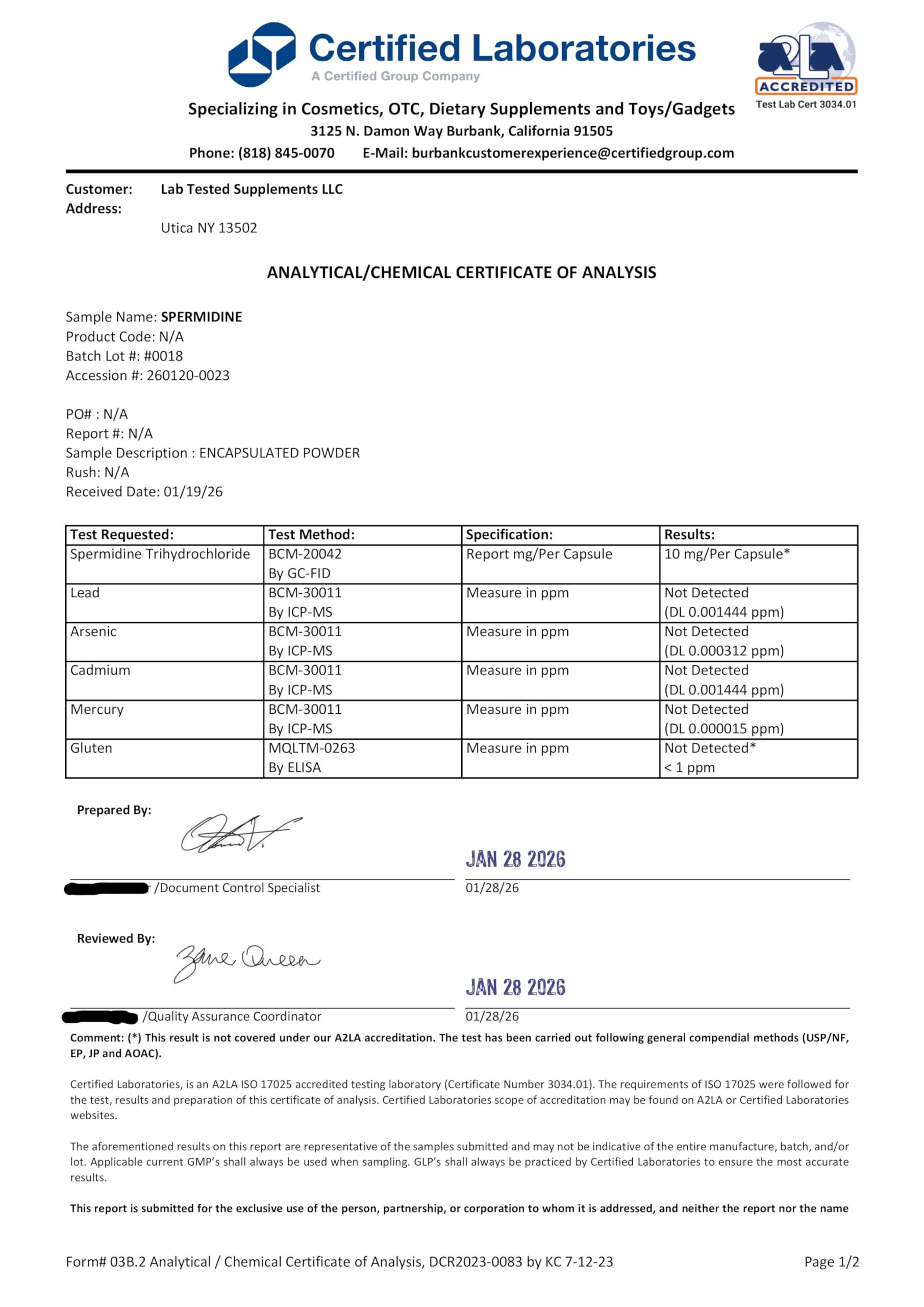 Lab Tested Supplements Spermidine 3HCL 80g with COA document