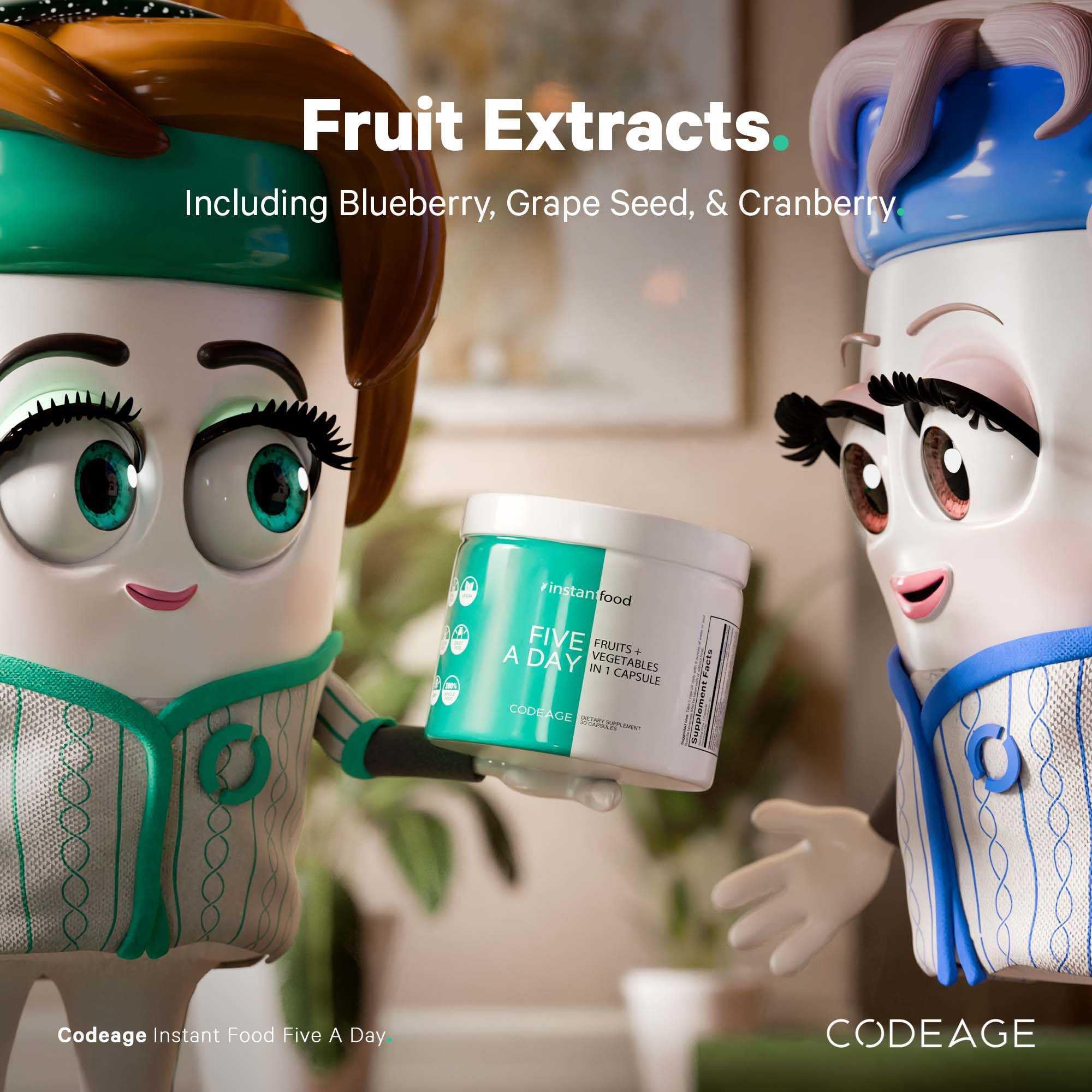 Label of Codeage Instantfood Five A Day with vegetable illustrations