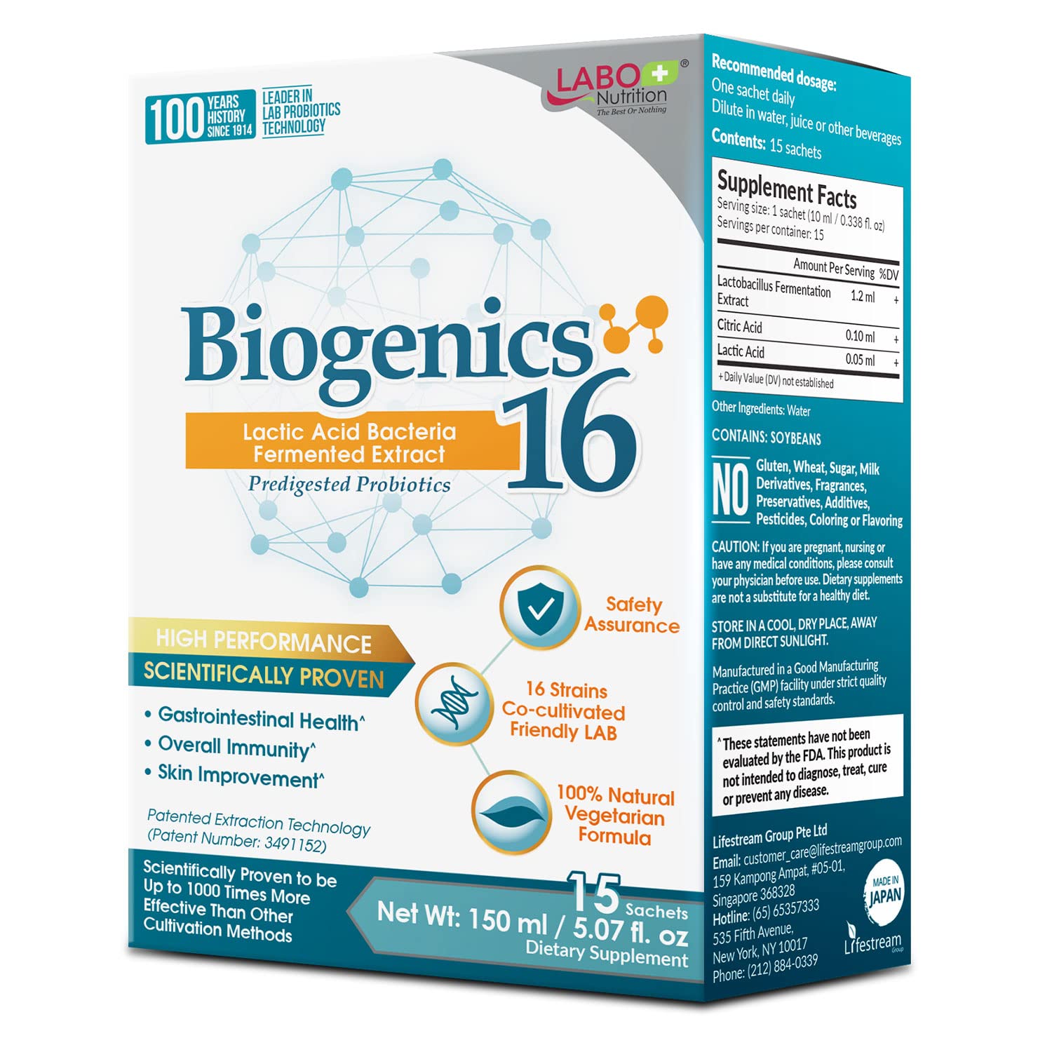 LABO Nutrition Biogenics 16 Probiotic Supplement 10g front view
