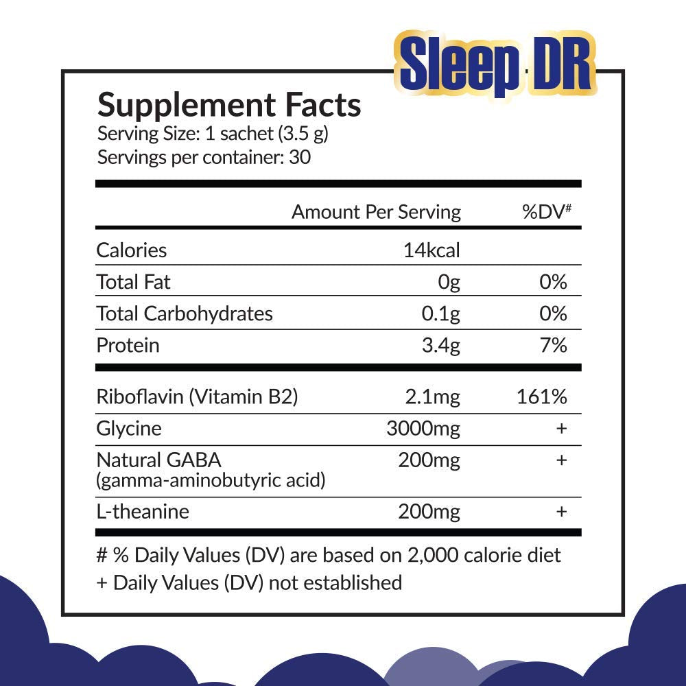 LABO Nutrition Sleep DR sachet next to a glass of water