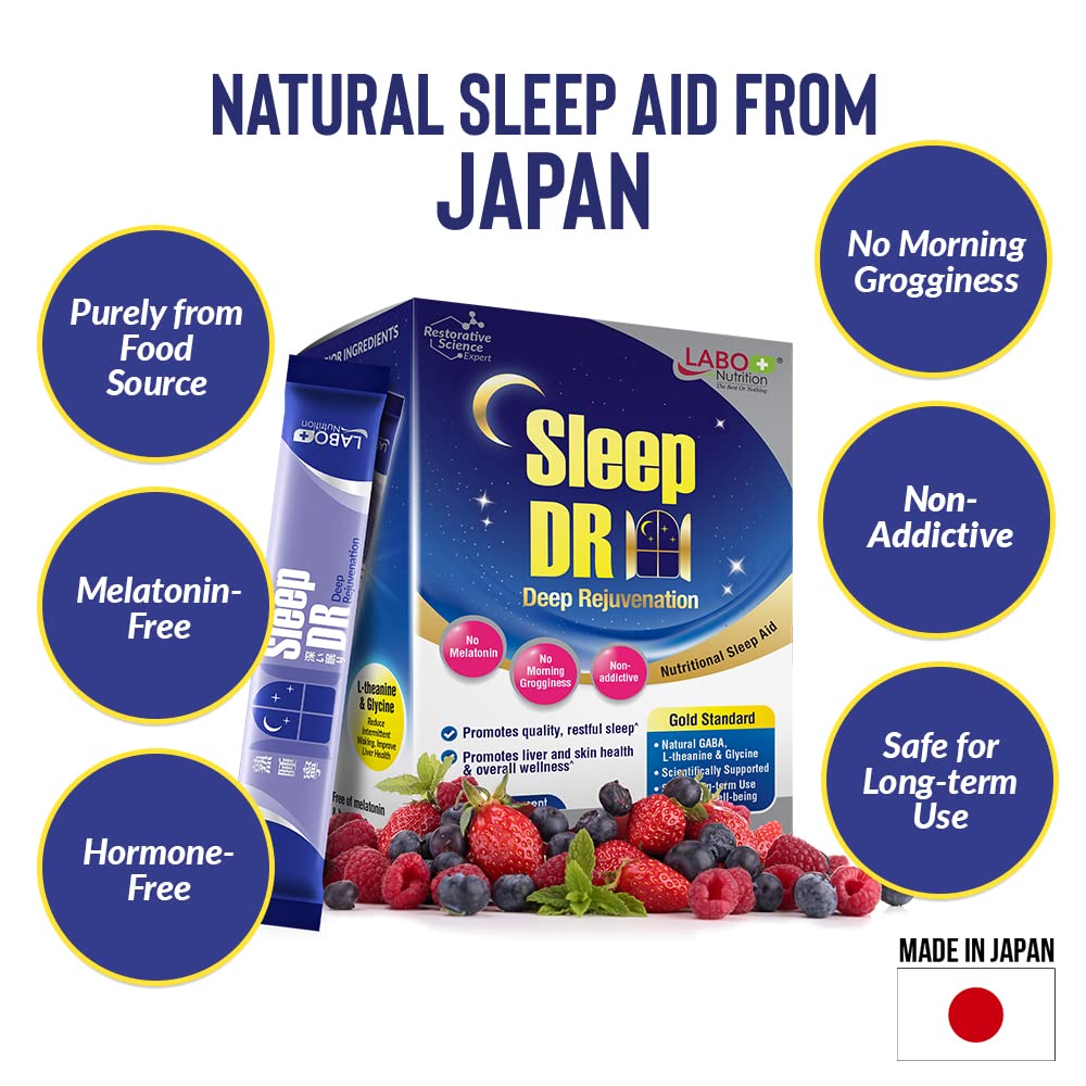 LABO Nutrition Sleep DR sachets in a lifestyle setting on a bedside table