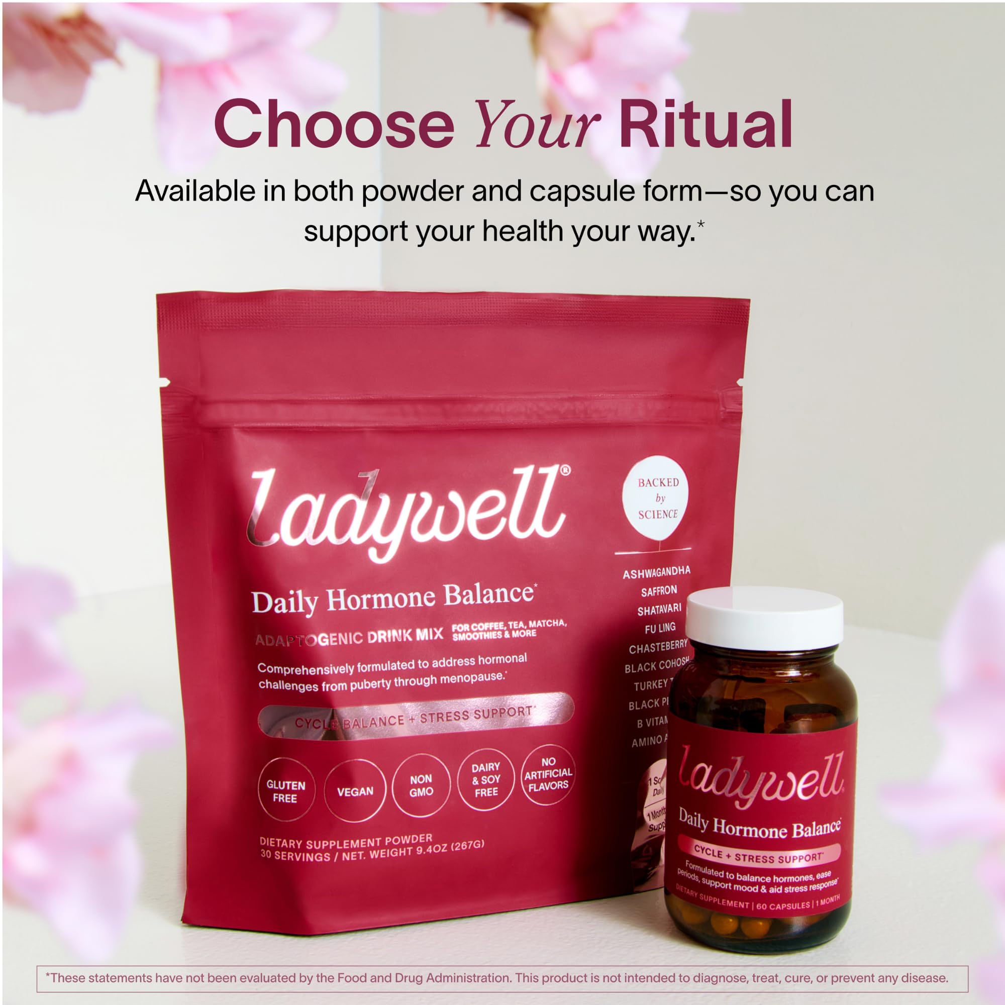 Ladywell Daily Women’s Wellness Support Supplement in a glass of water