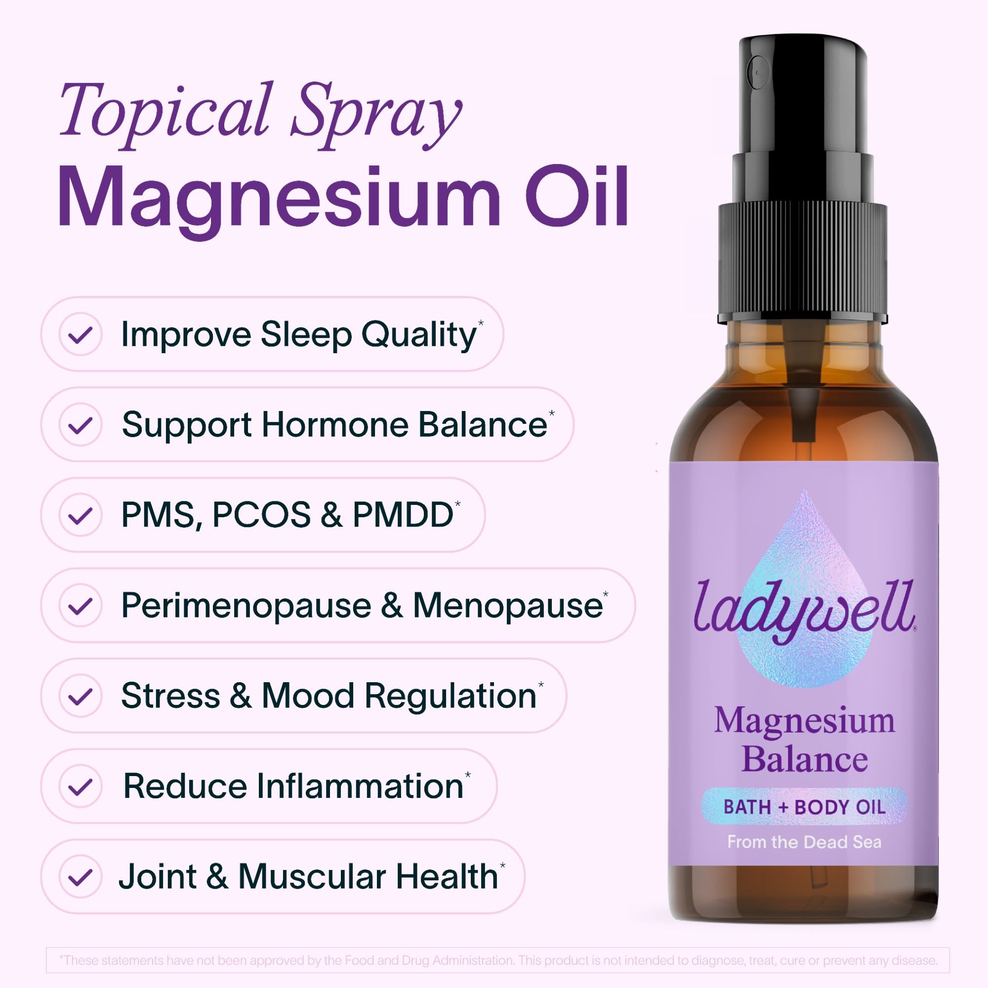 Ladywell Pure Magnesium Oil Spray back view with ingredients