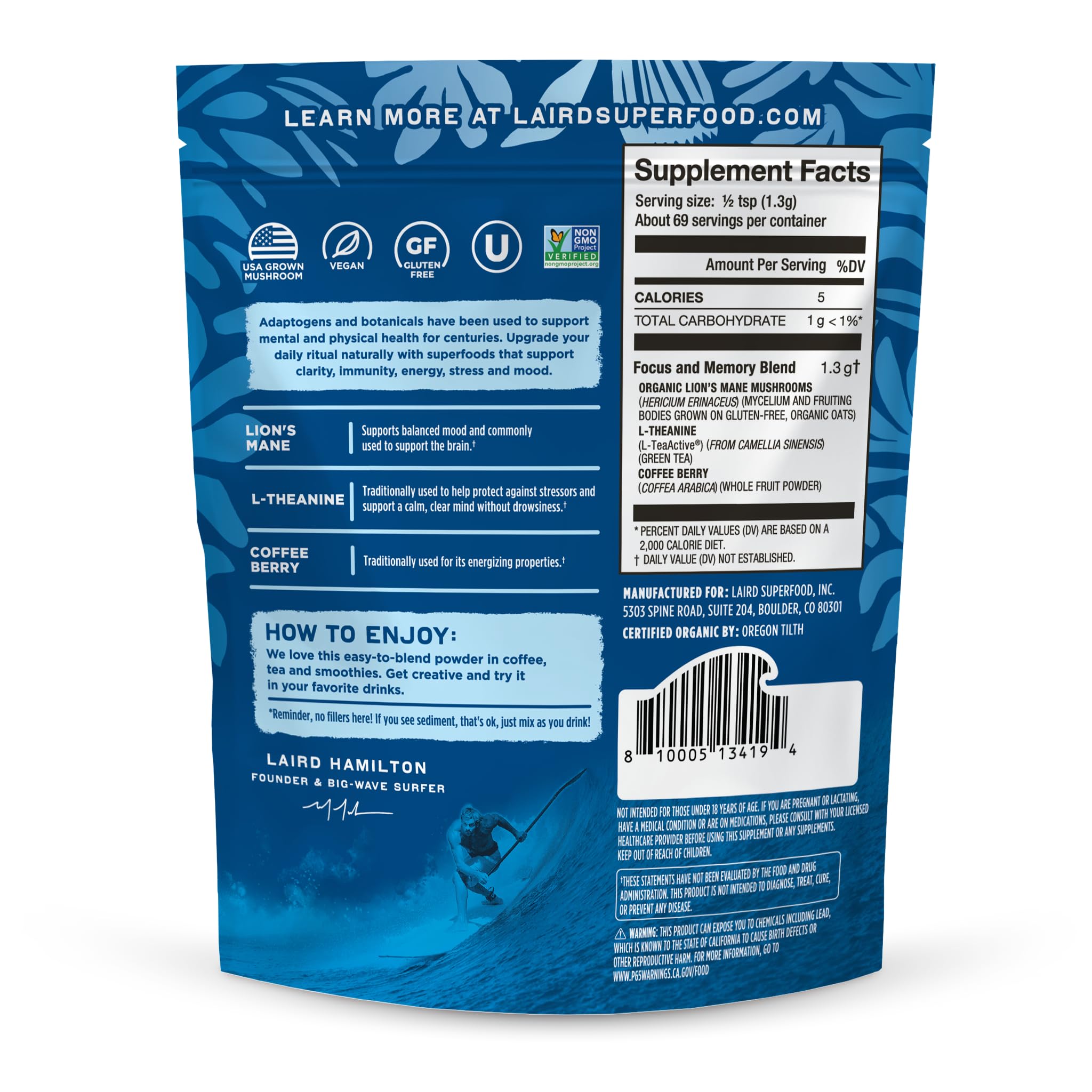 Laird Superfood Adaptogenic Mushroom Blend 91g packaging