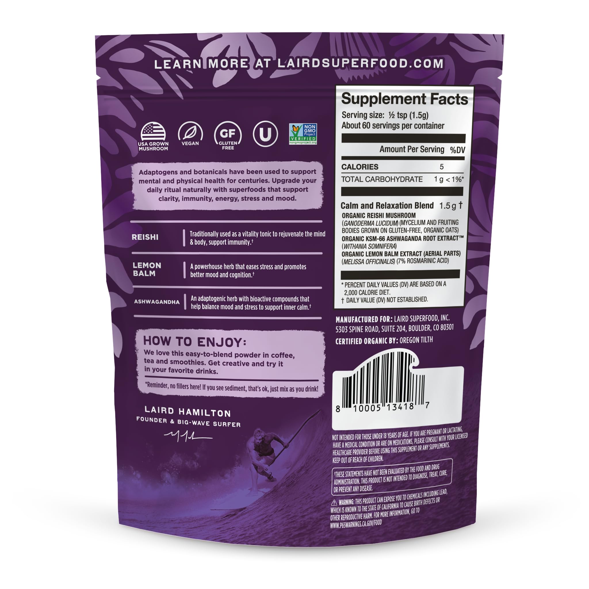 Laird Superfood Cognitive Support Mushroom Blend 100g packaging