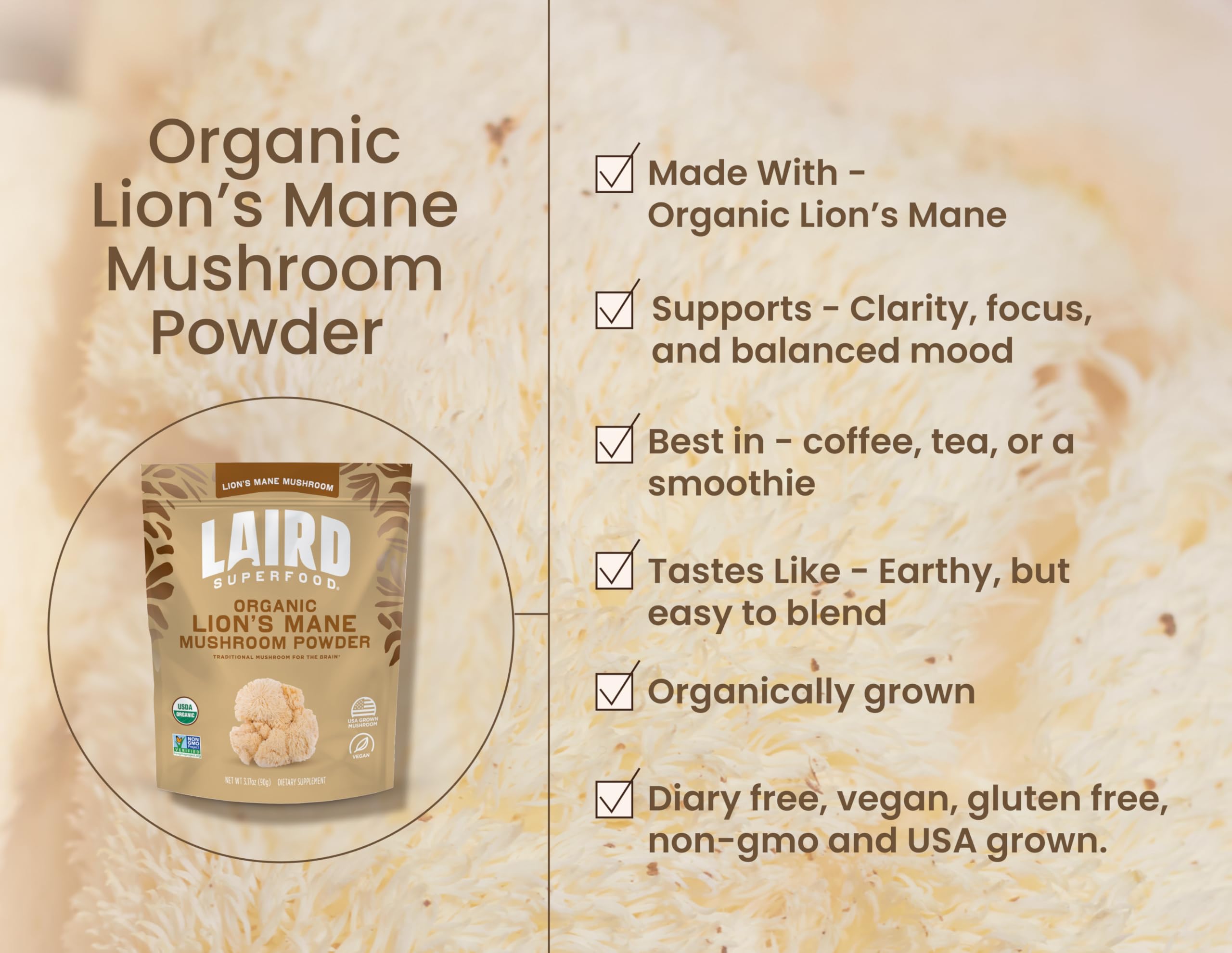 Laird Superfood Lion's Mane Mushroom Powder in a bowl