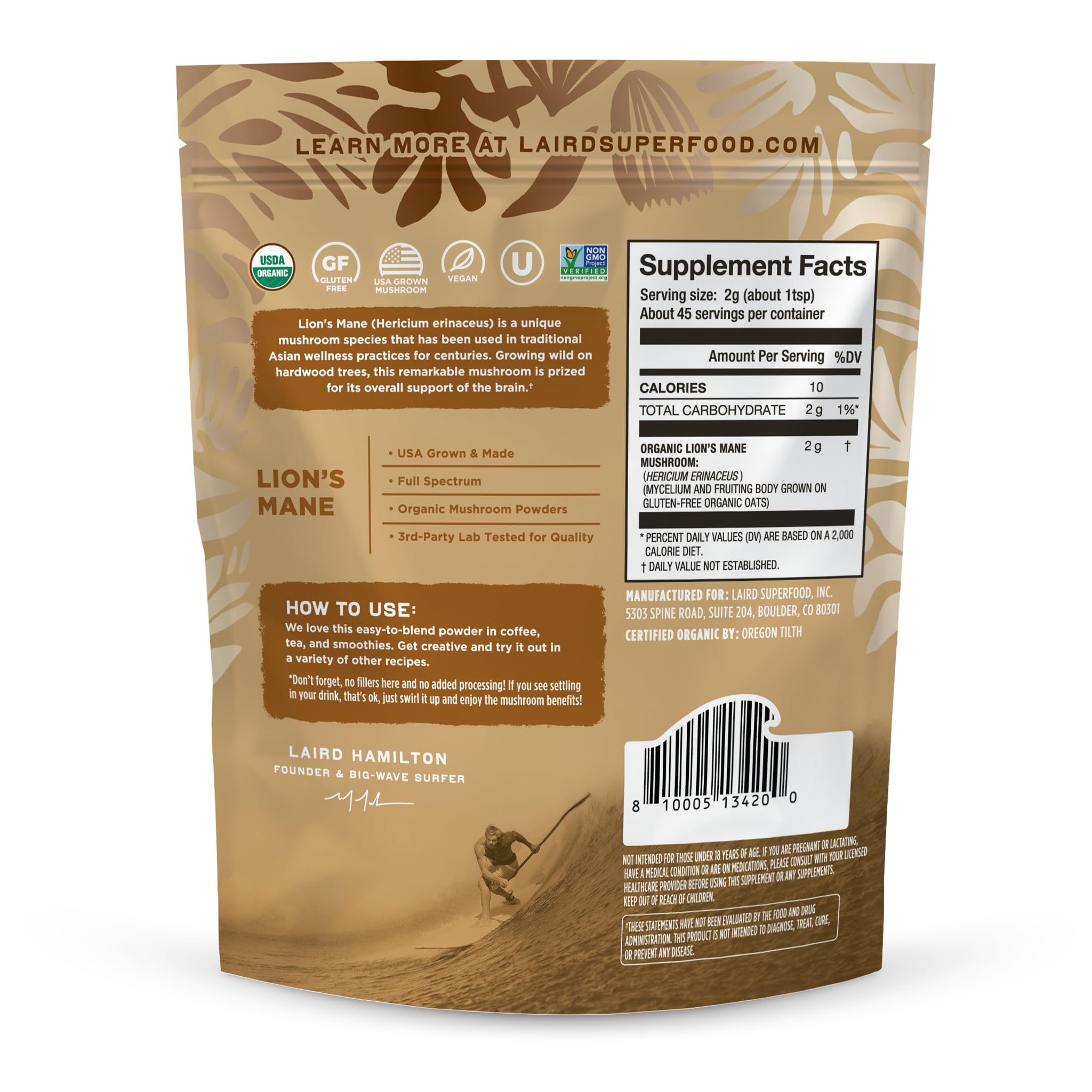 Laird Superfood Lion's Mane Mushroom Powder packaging