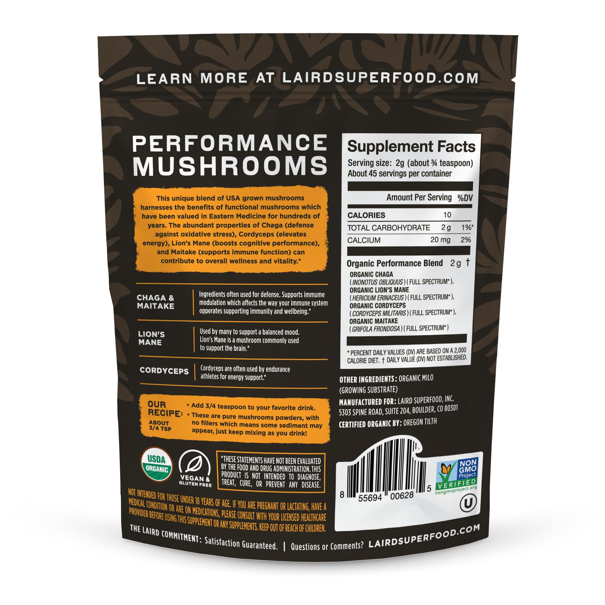Laird Superfood Organic Mushroom Powder Blend 3.17oz back view