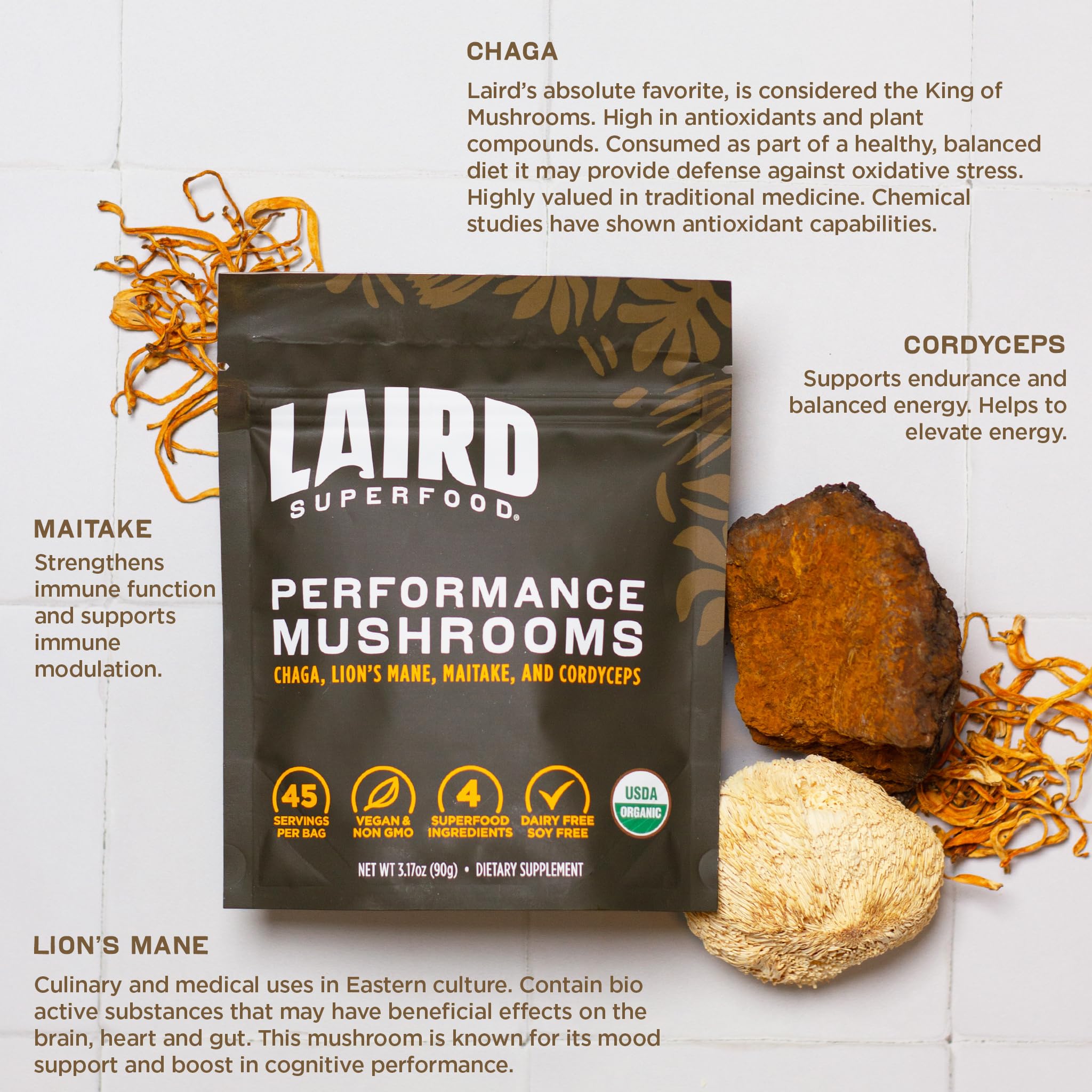 Laird Superfood Organic Mushroom Powder Blend 3.17oz serving suggestion with smoothie
