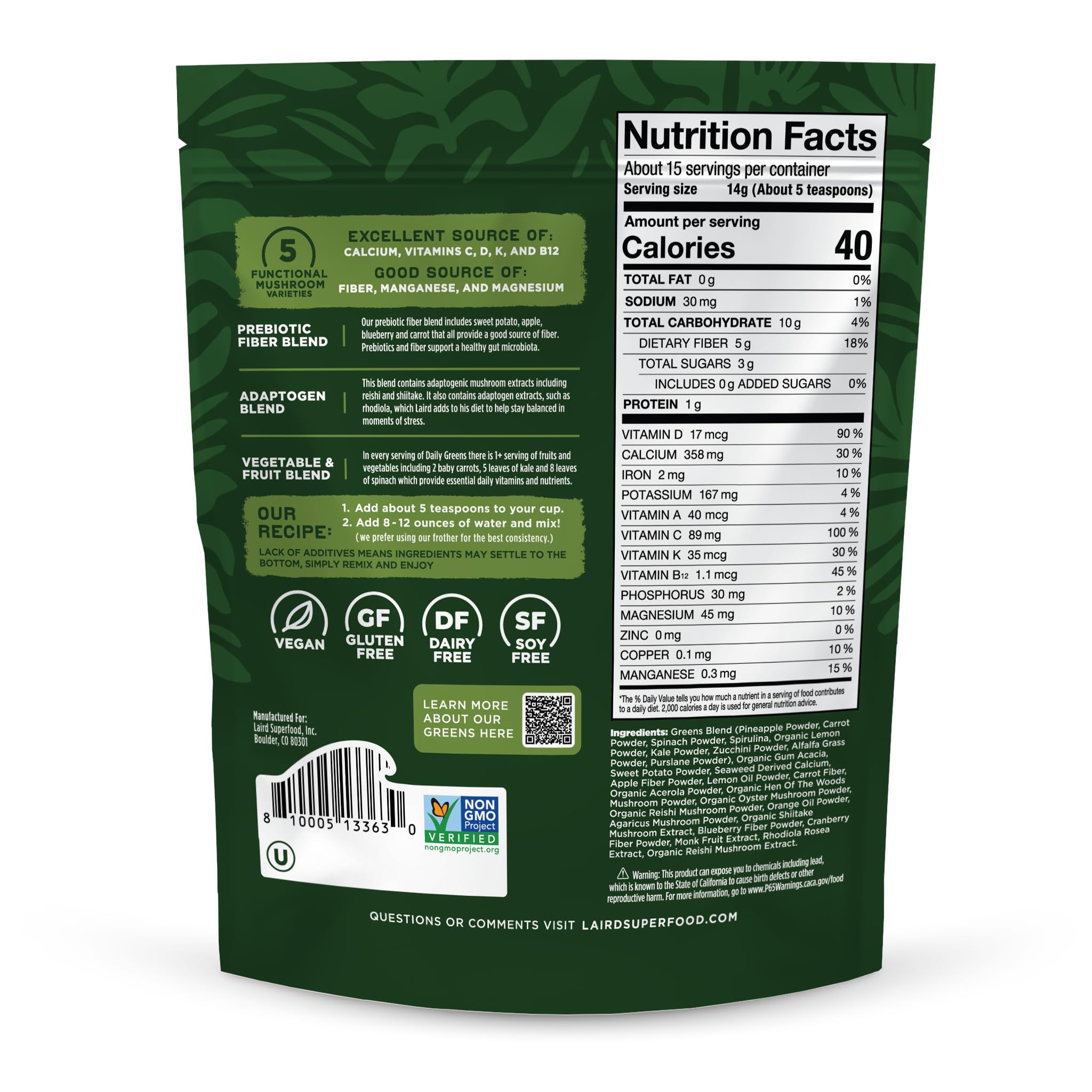 Laird Superfood Prebiotic Daily Greens Powder 227g packaging and scoop