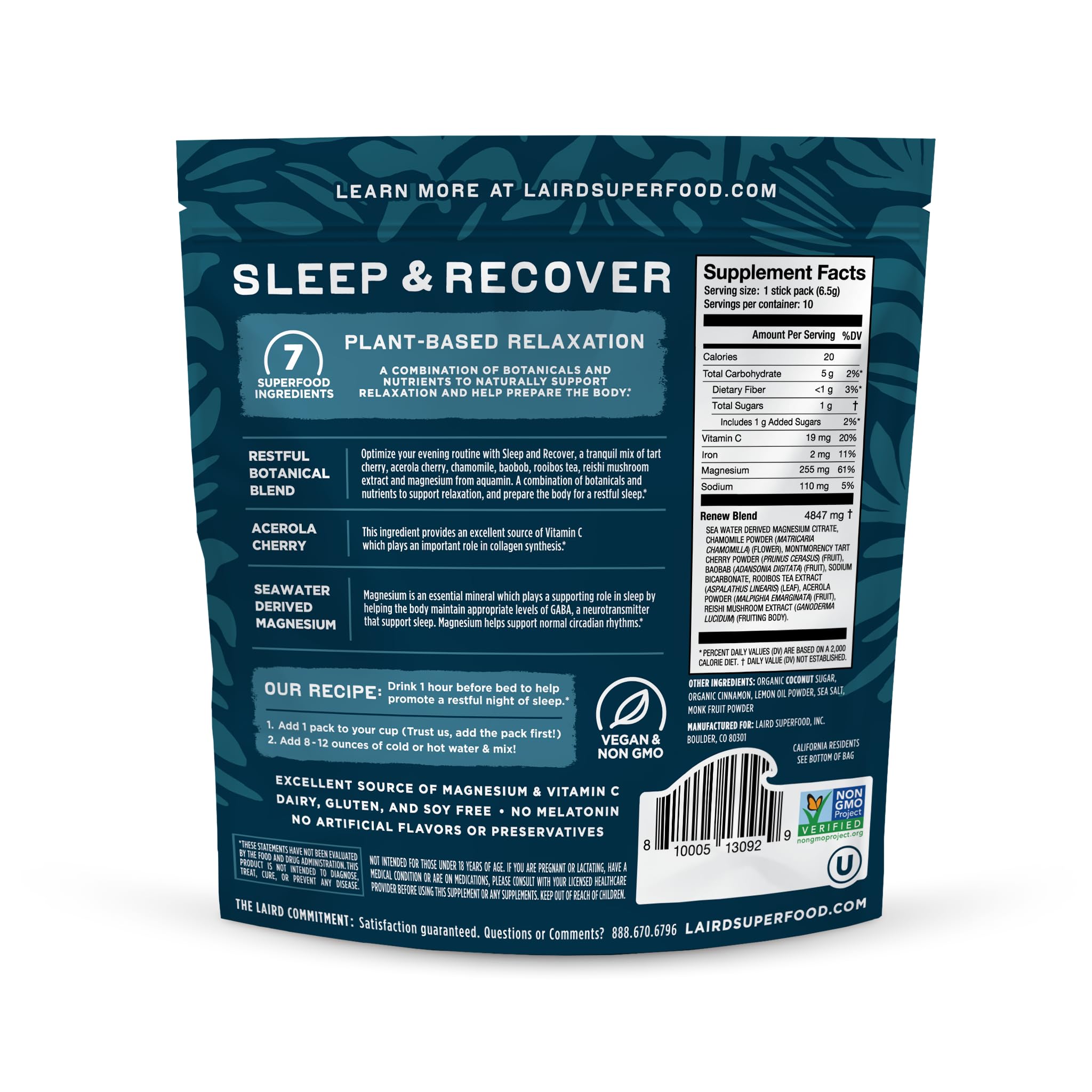 Laird Superfood Sleep & use Supplement 9g packet back view
