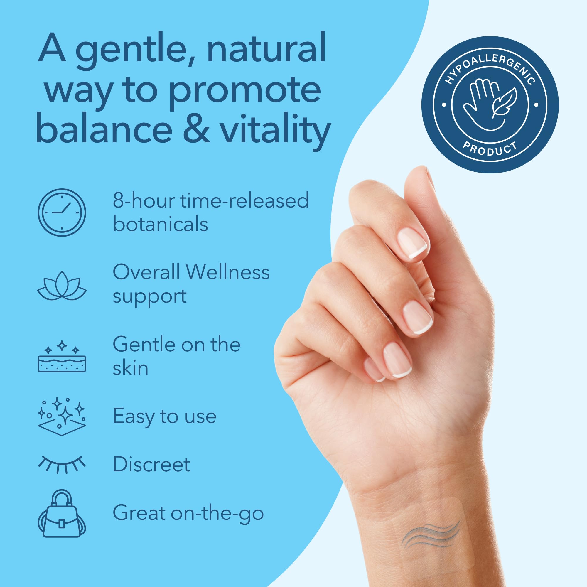 Laki Naturals daily wellness Bloom Patch applied on wrist