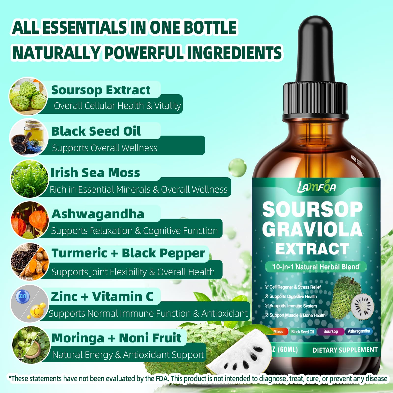 LAMFQA Soursop Graviola Liquid Drops bottle with dropper