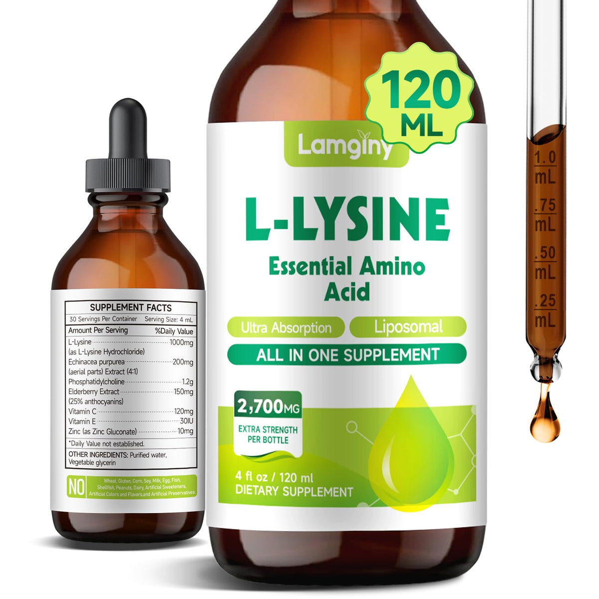 LAMGINY L-Lysine Liquid Drops 1000mg front view