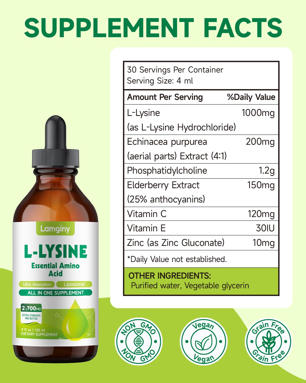 LAMGINY L-Lysine Liquid Drops 1000mg side view
