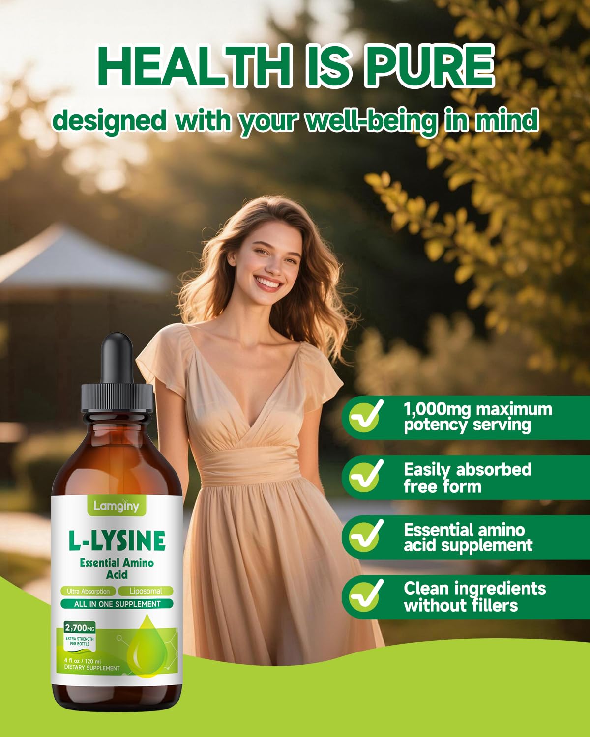 LAMGINY L-Lysine Liquid Drops 1000mg with measuring dropper