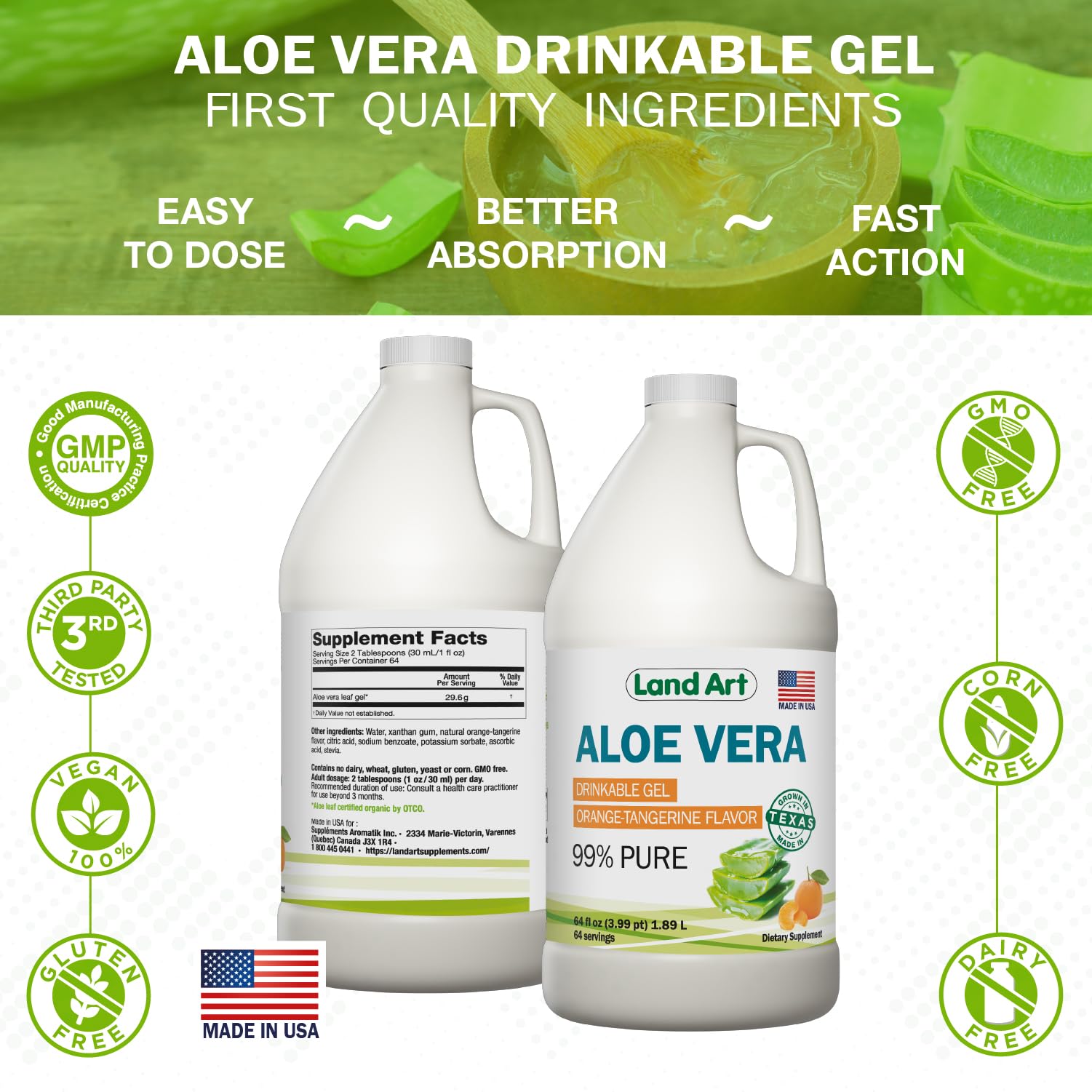 Land Art Aloe Vera Gel 1960g with ingredients displayed