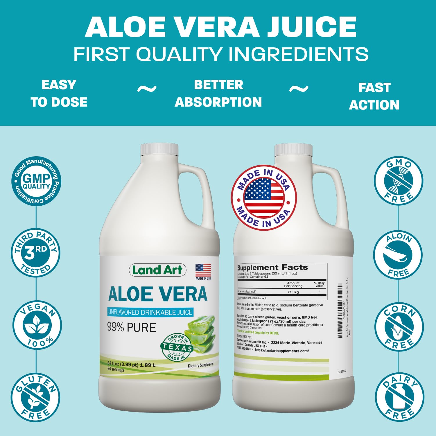 Land Art Aloe Vera Juice 1L bottle in a kitchen setting