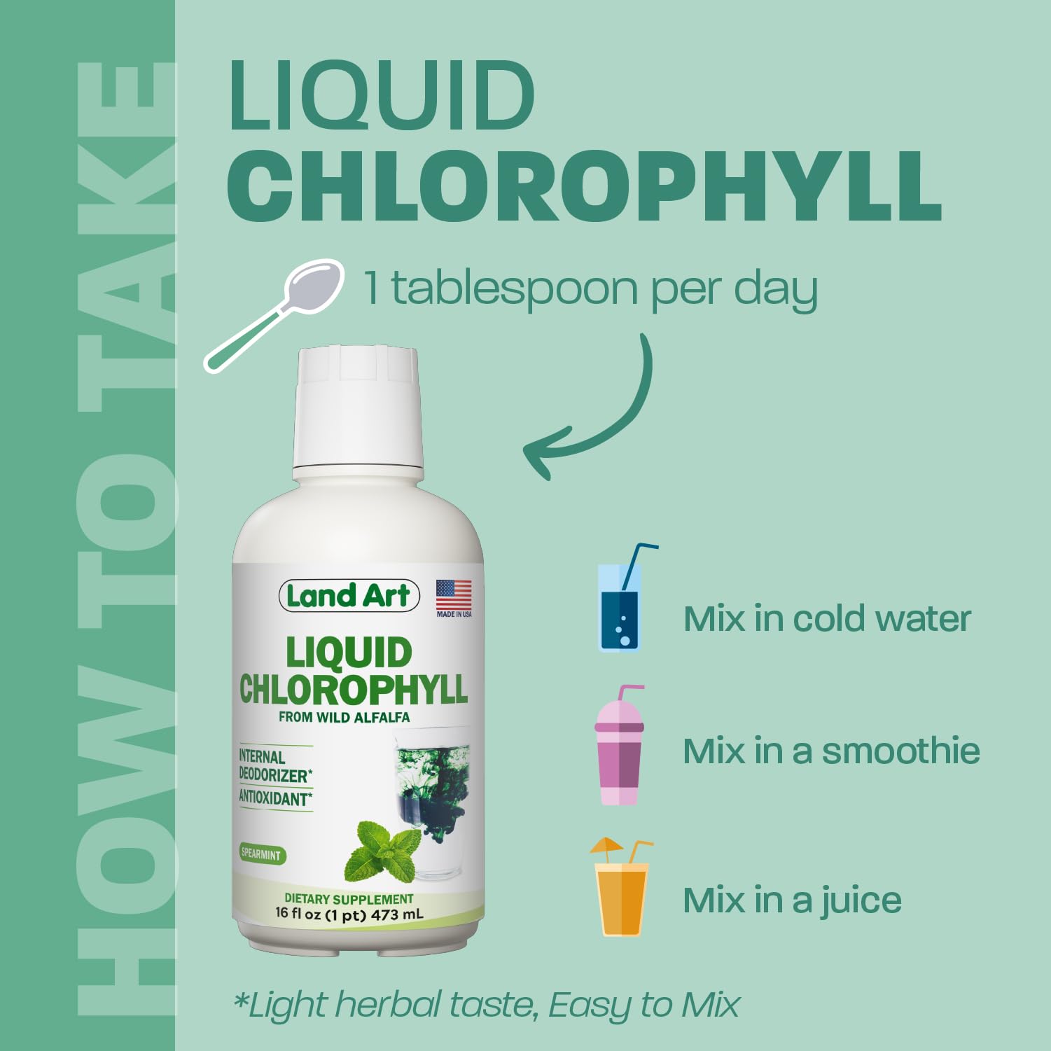 Land Art Liquid Chlorophyll 500ml bottle on a wooden table