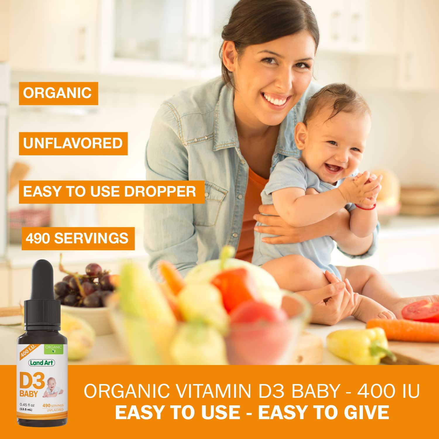 Land Art Vitamin D3 Drops dropper and bottle