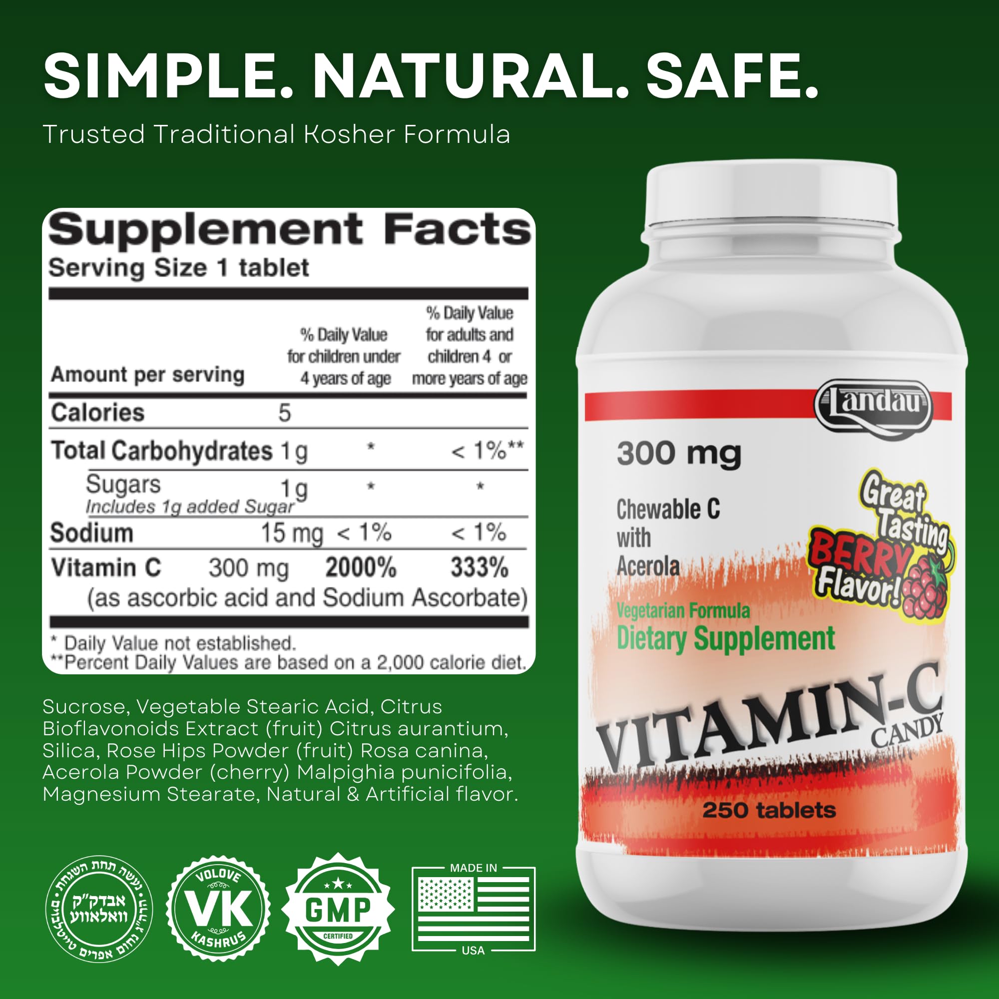 LANDAU Chewable Vitamin C tablet in hand