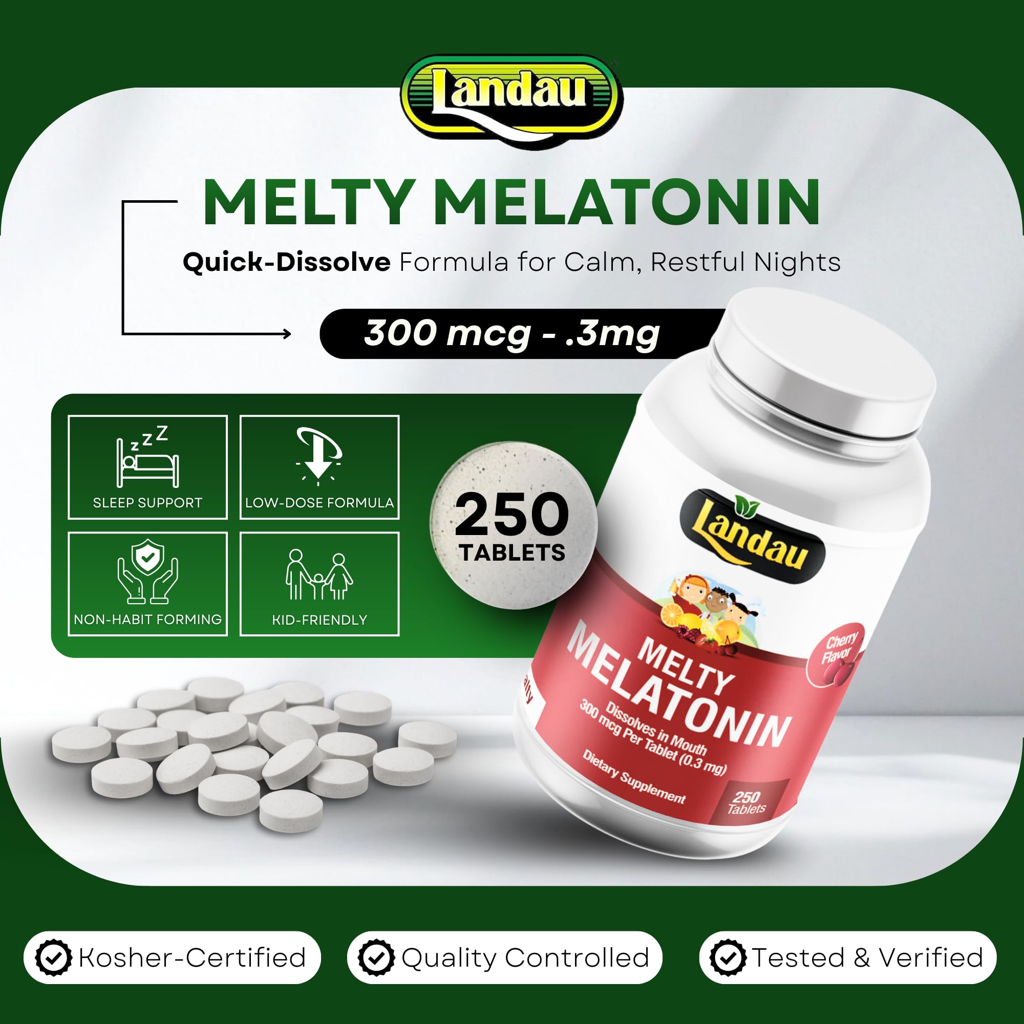 LANDAU Melty Melatonin Fast Dissolve Tablets bottle side view