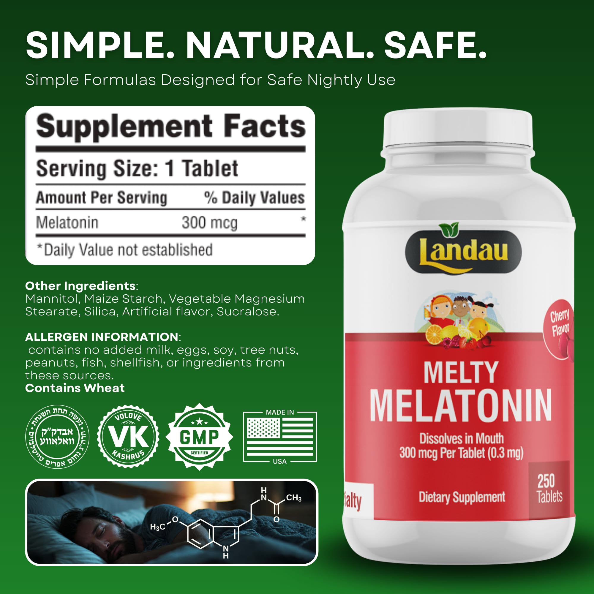 LANDAU Melty Melatonin Fast Dissolve Tablets on a bedside table