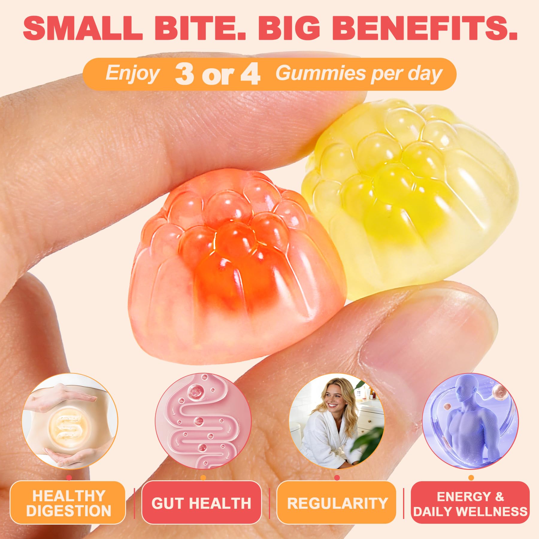 LanranBee Daily Fibre Support Gummies with a handful of gummies