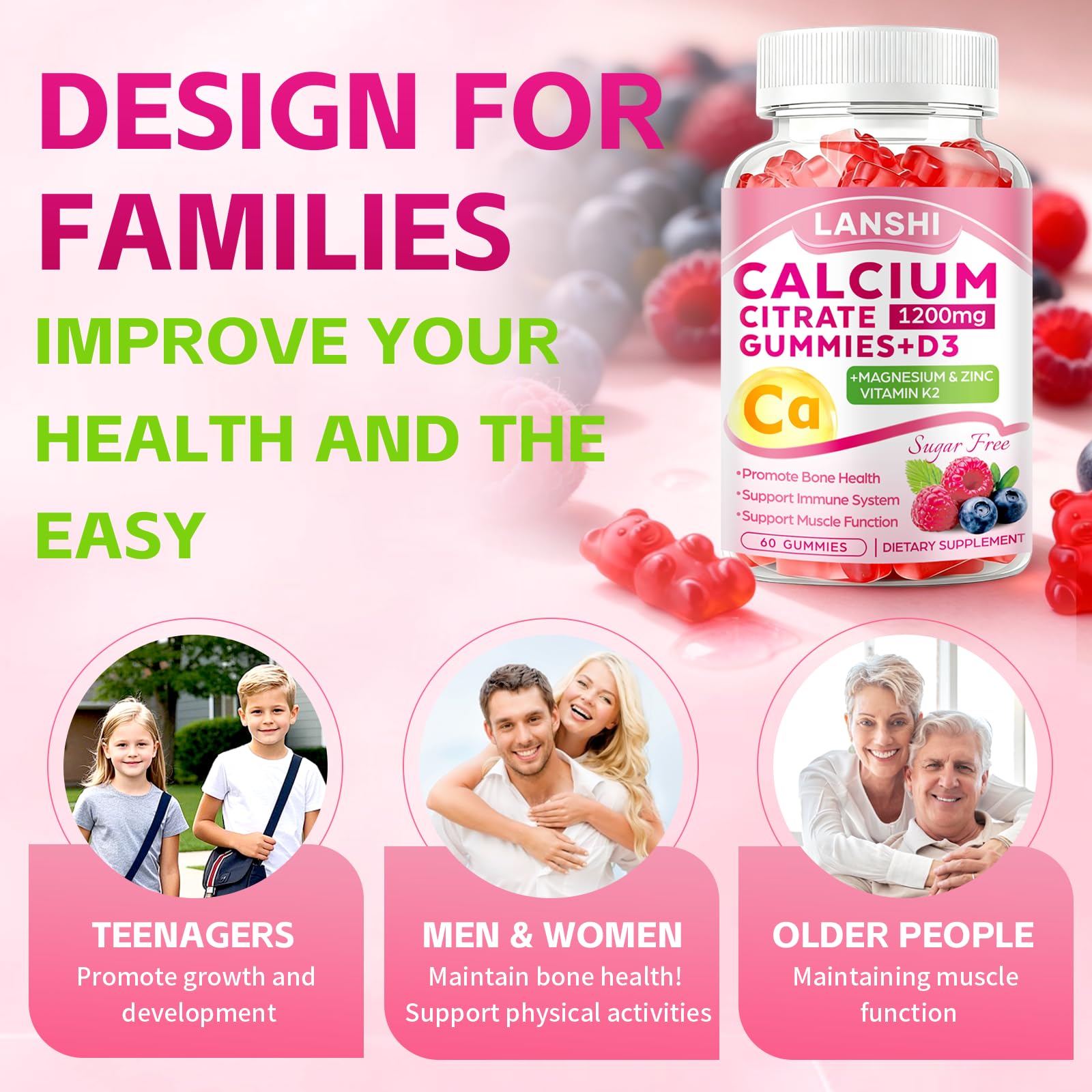 LANSHI Calcium Citrate Gummies 1200mg back view with ingredient list