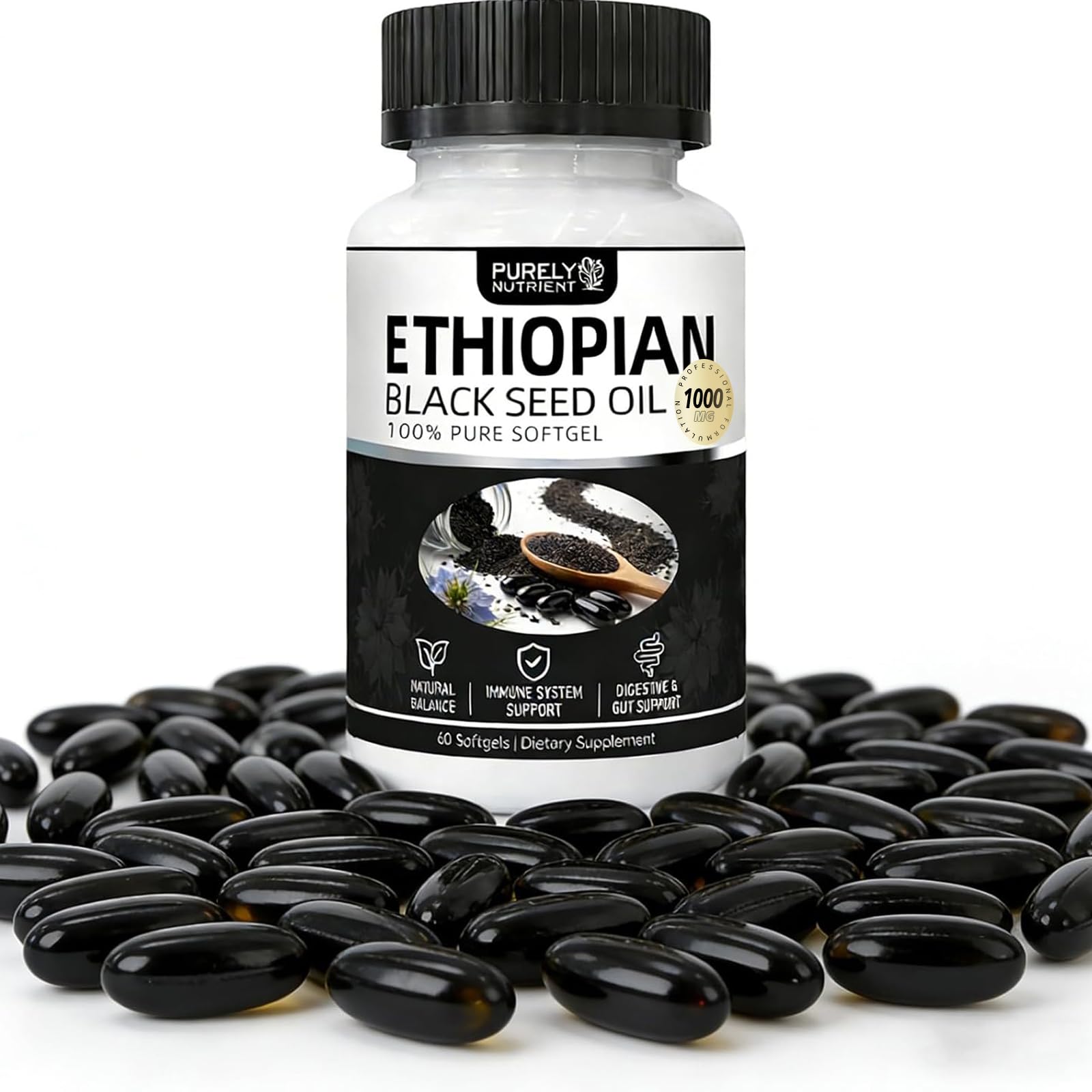 LANZF Black Seed Oil Softgels displayed on a wooden surface